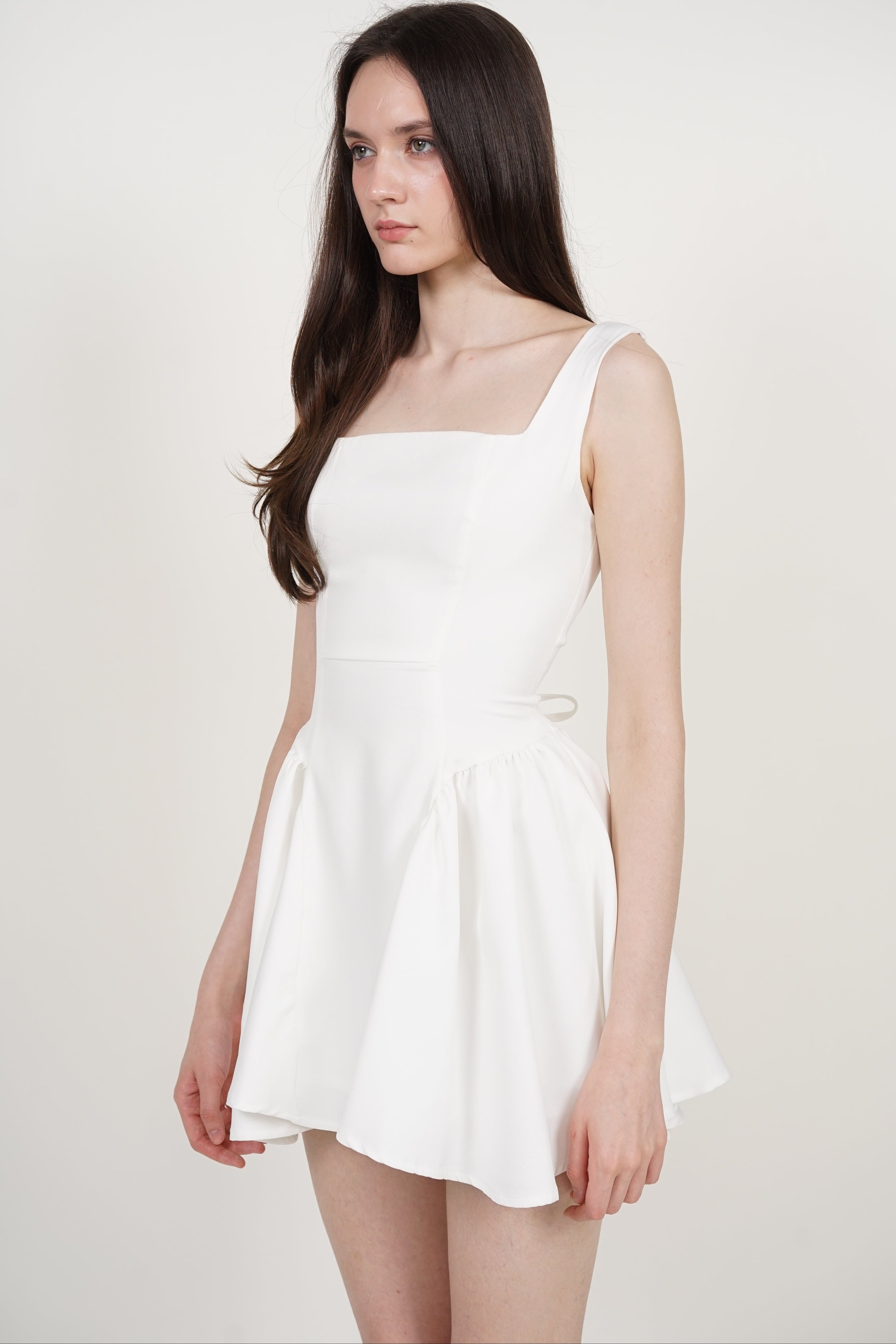 Tie Waist Back Gathered Dress in White