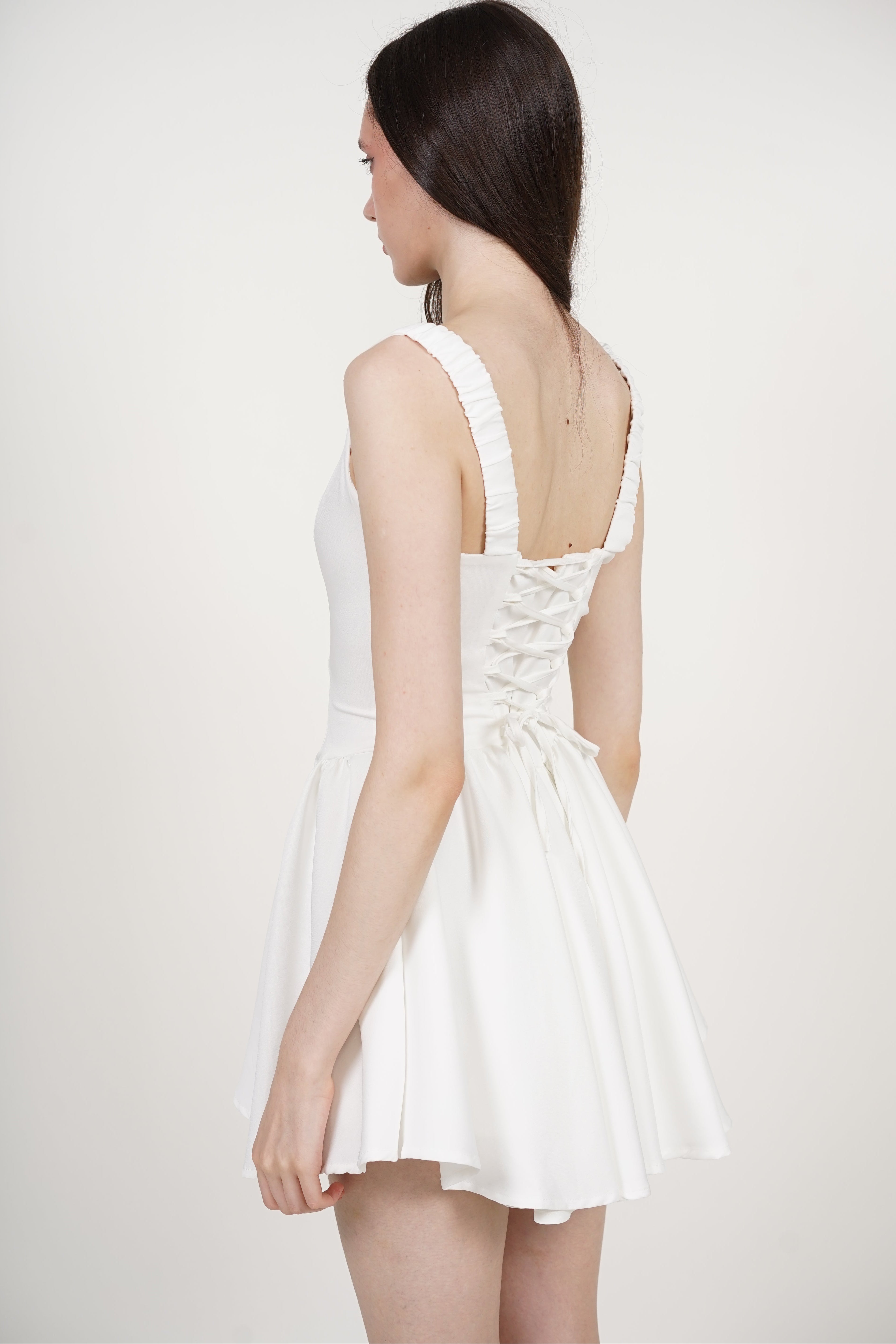 Tie Waist Back Gathered Dress in White