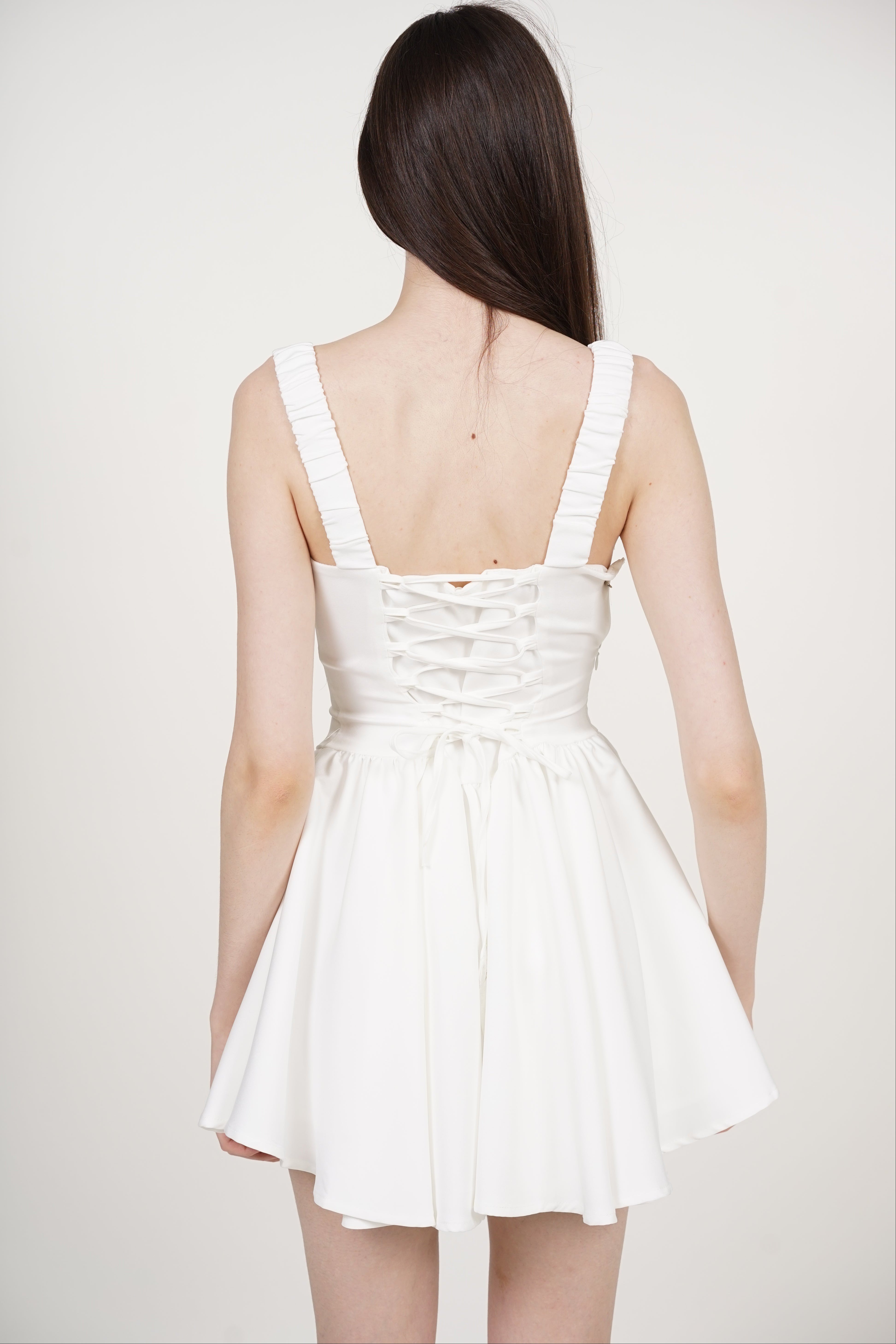 Tie Waist Back Gathered Dress in White