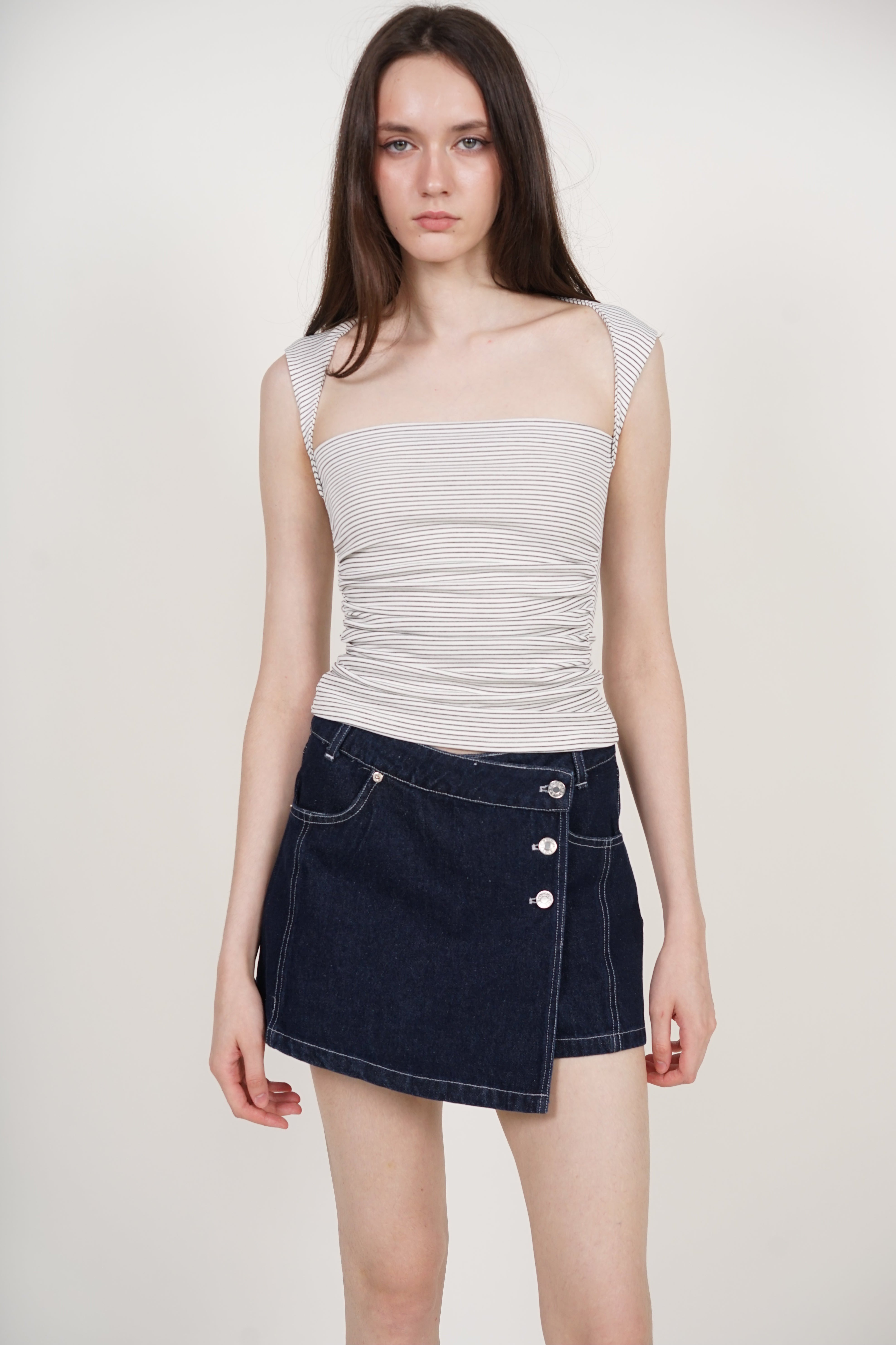 Square Neck Tank Top in White Stripes