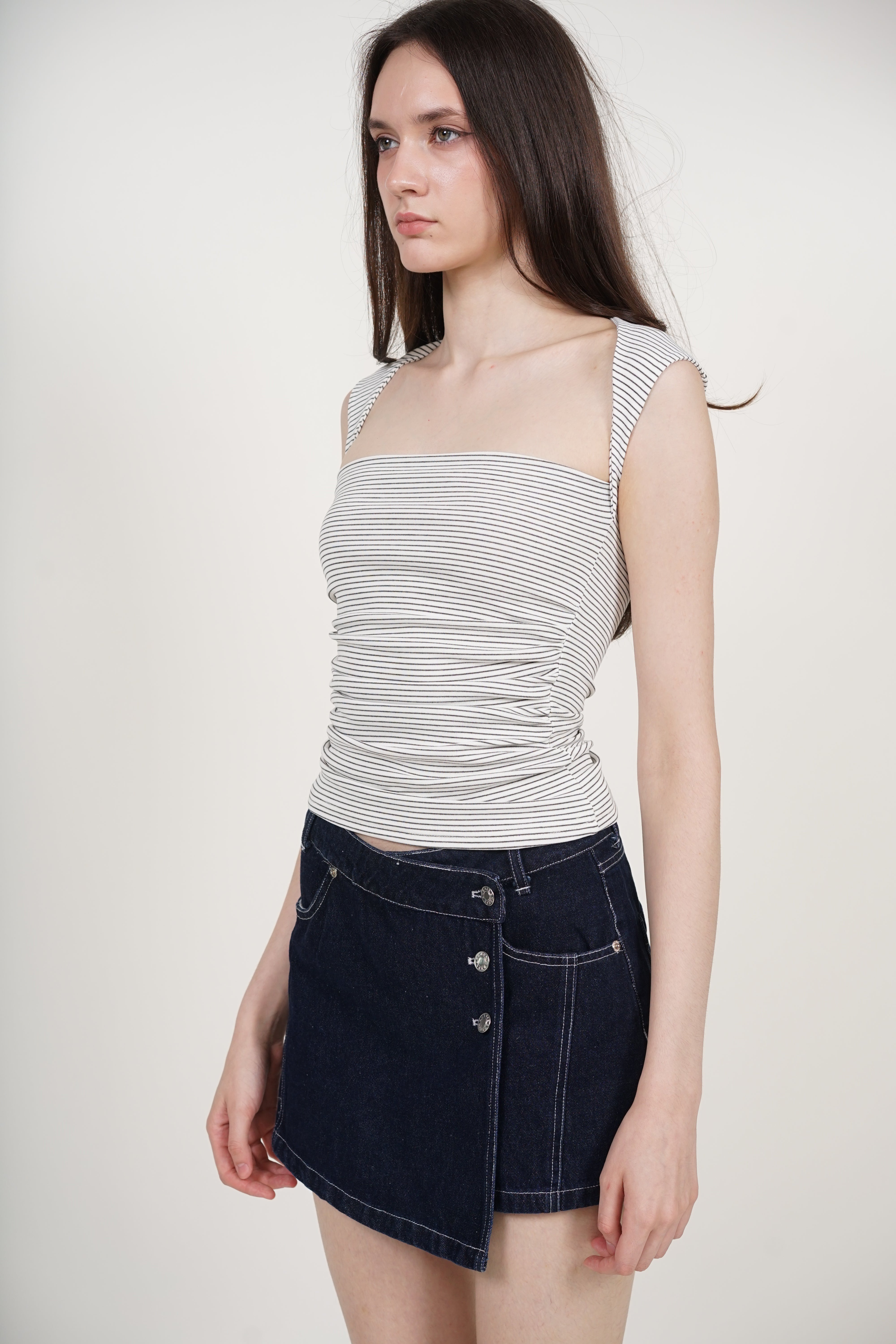 Square Neck Tank Top in White Stripes