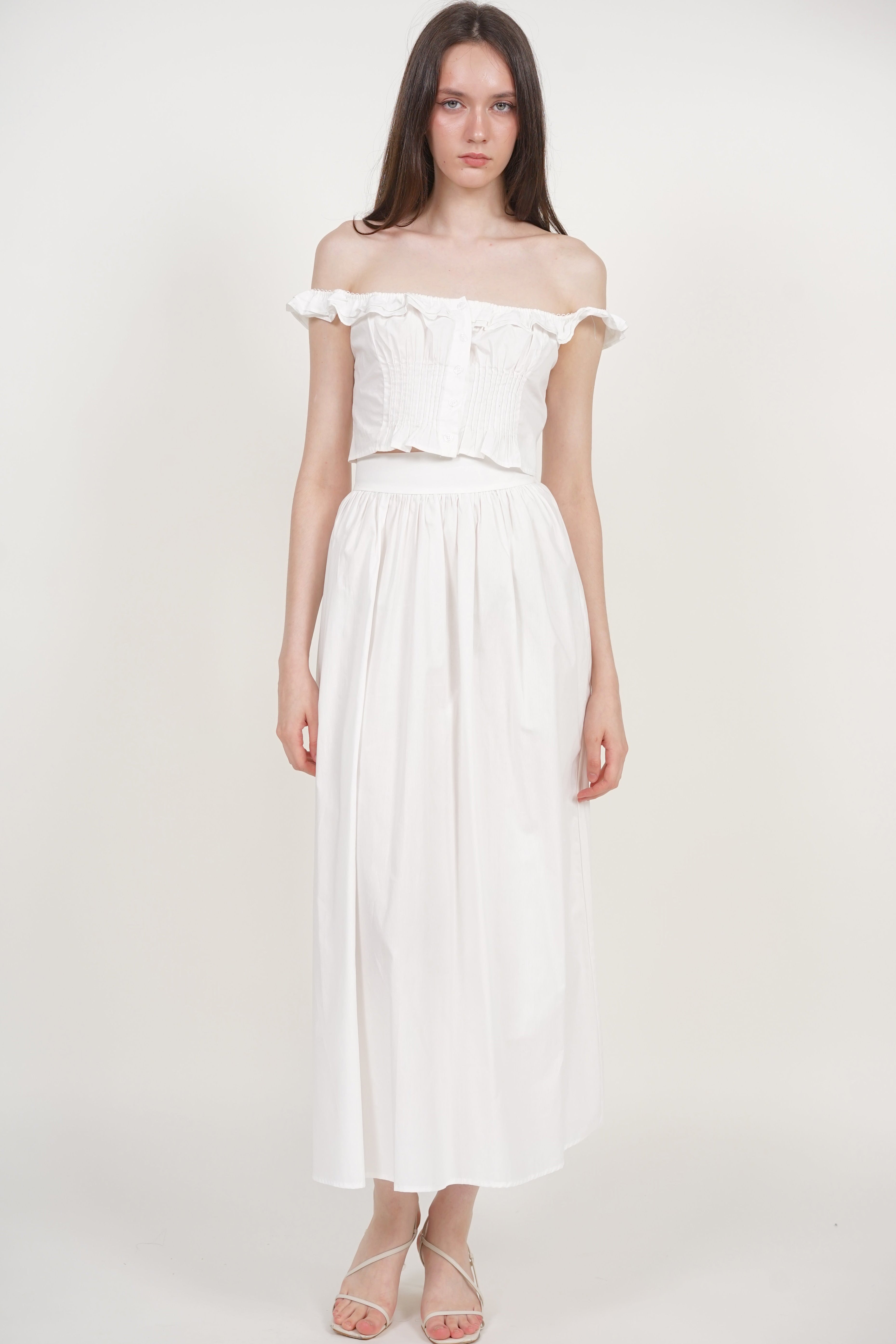 Ruffled Pintuck Strap Top in White