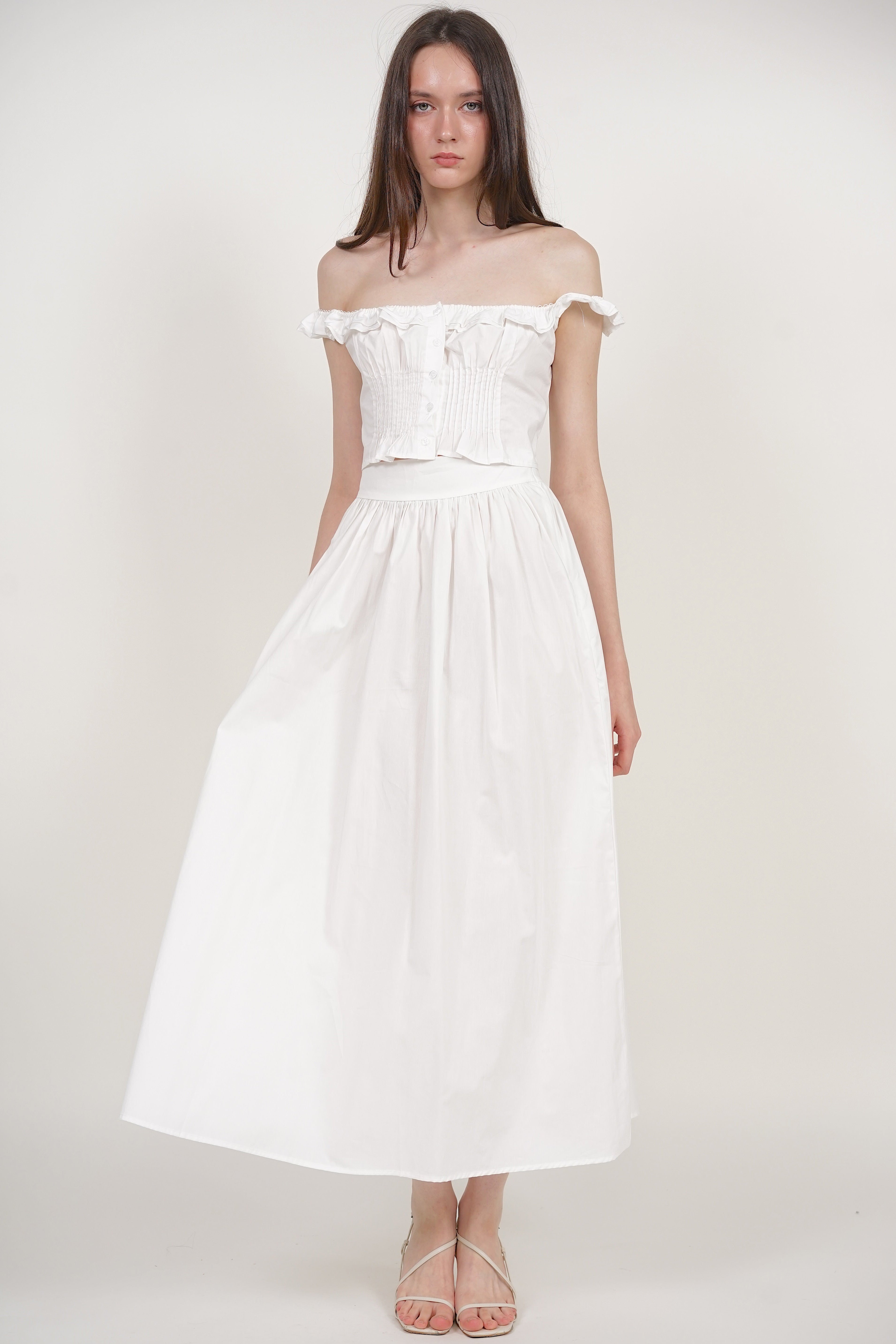 Gathered Flared Skirt in White