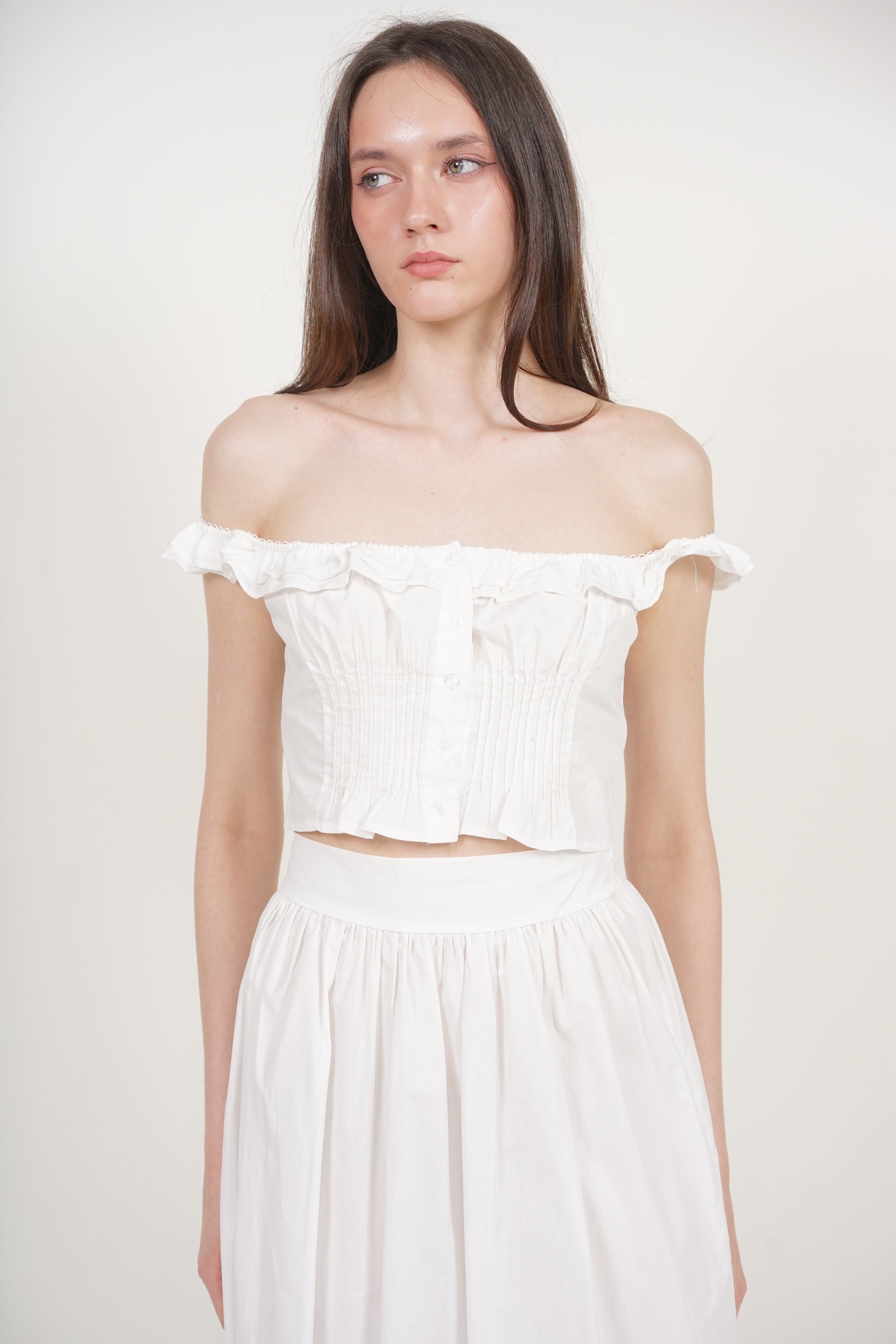 Ruffled Pintuck Strap Top in White