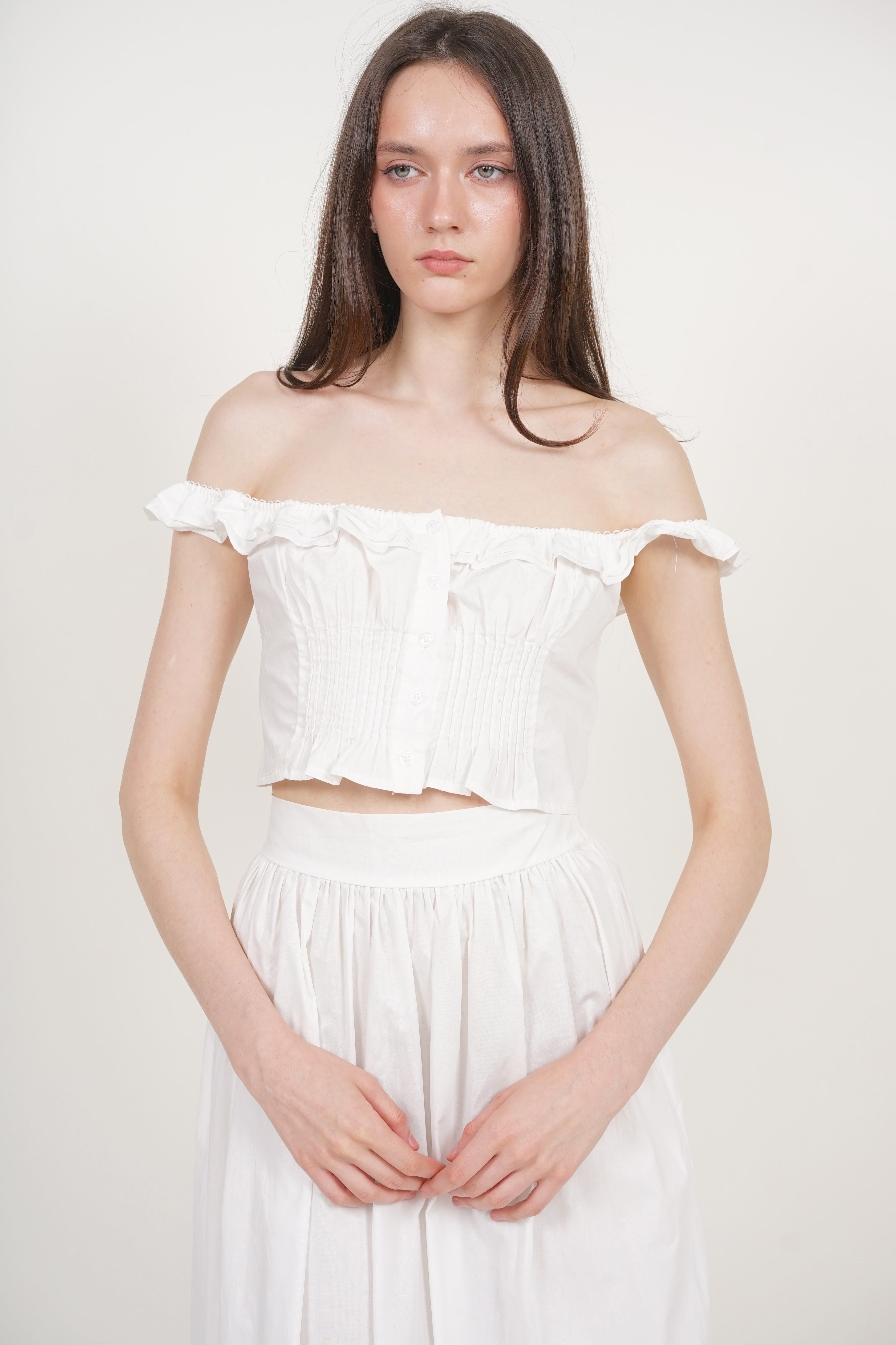 Ruffled Pintuck Strap Top in White