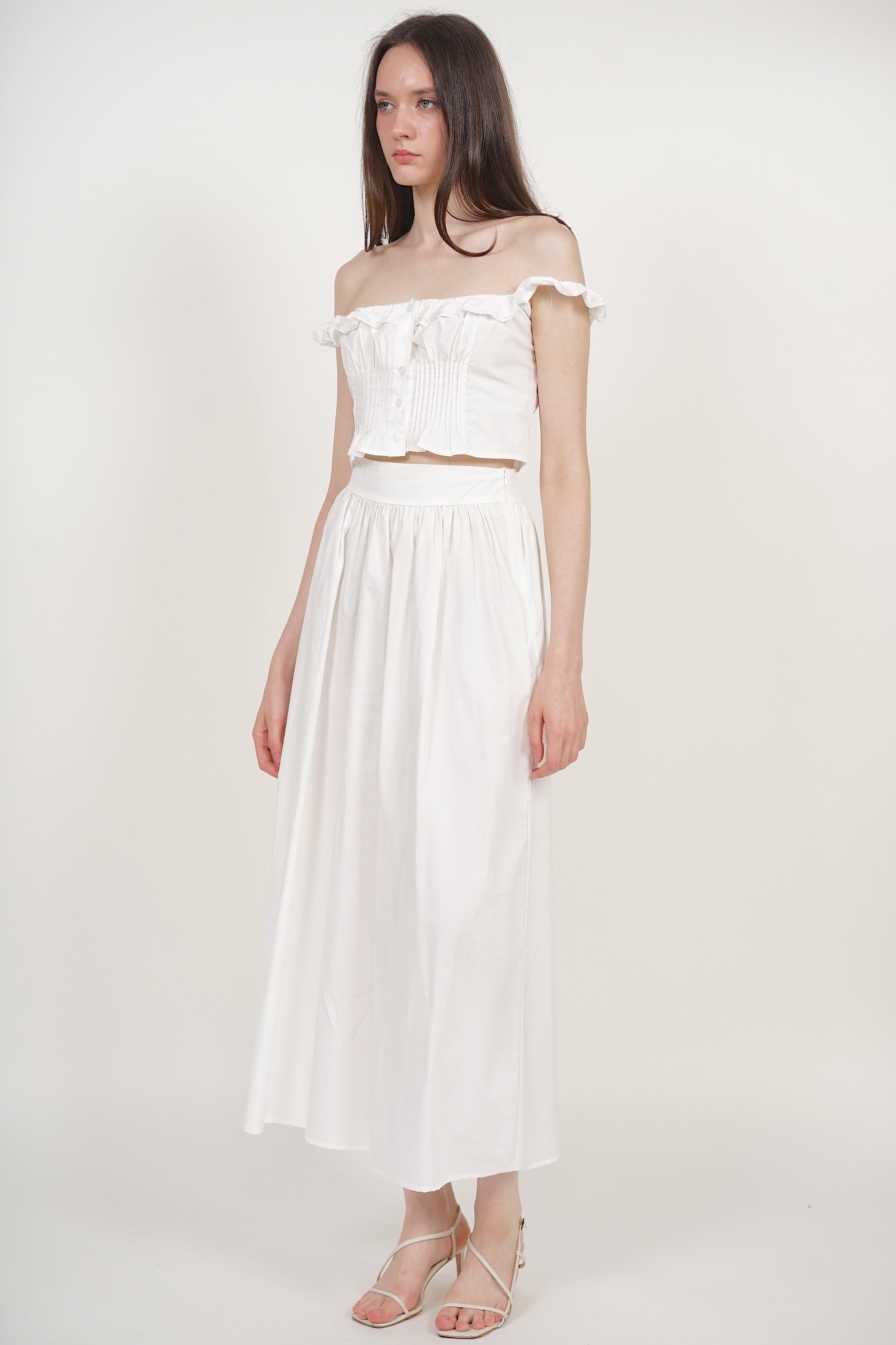Gathered Flared Skirt in White