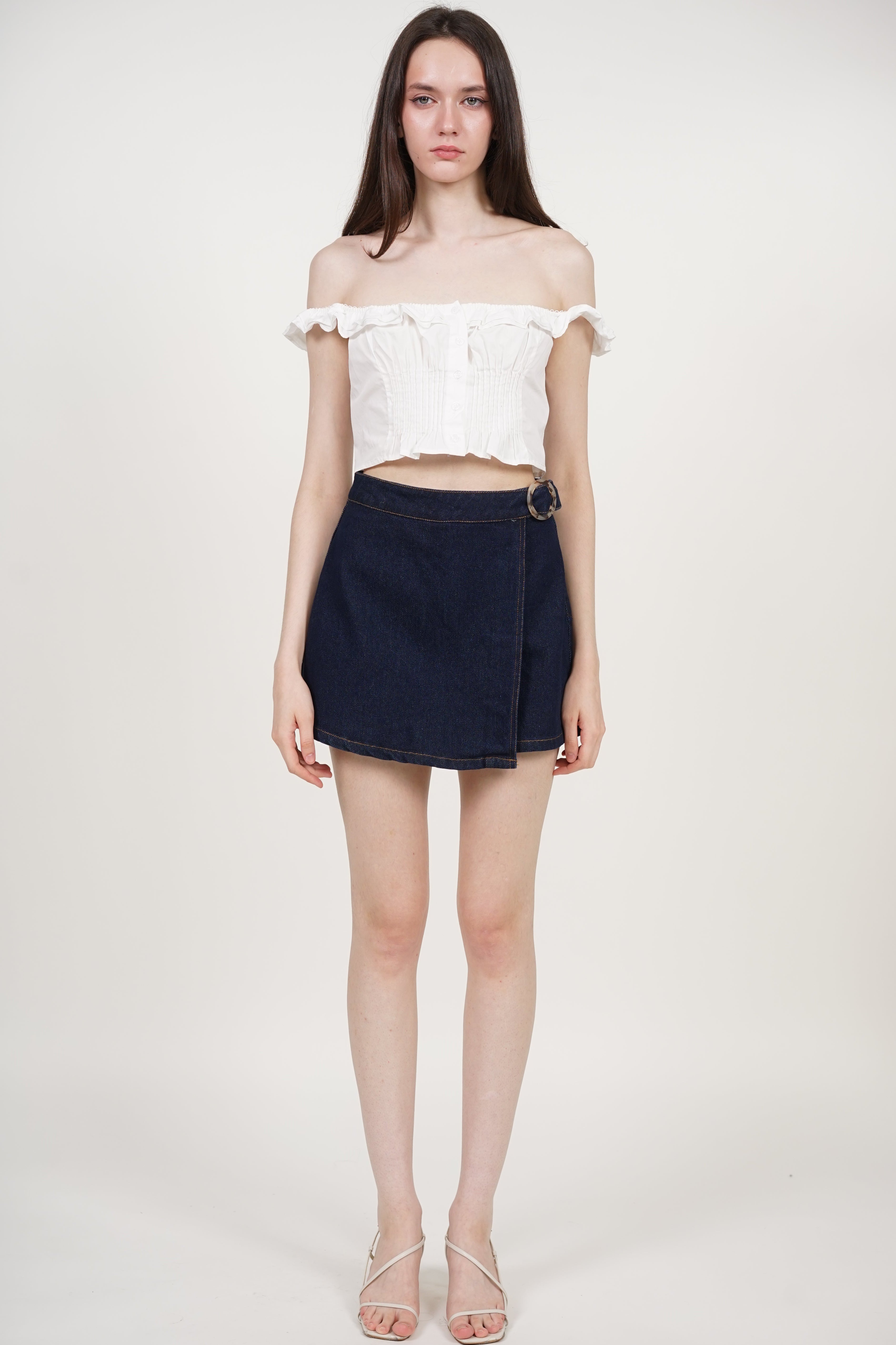 Wrap Denim Buckle Skorts in Dark Blue