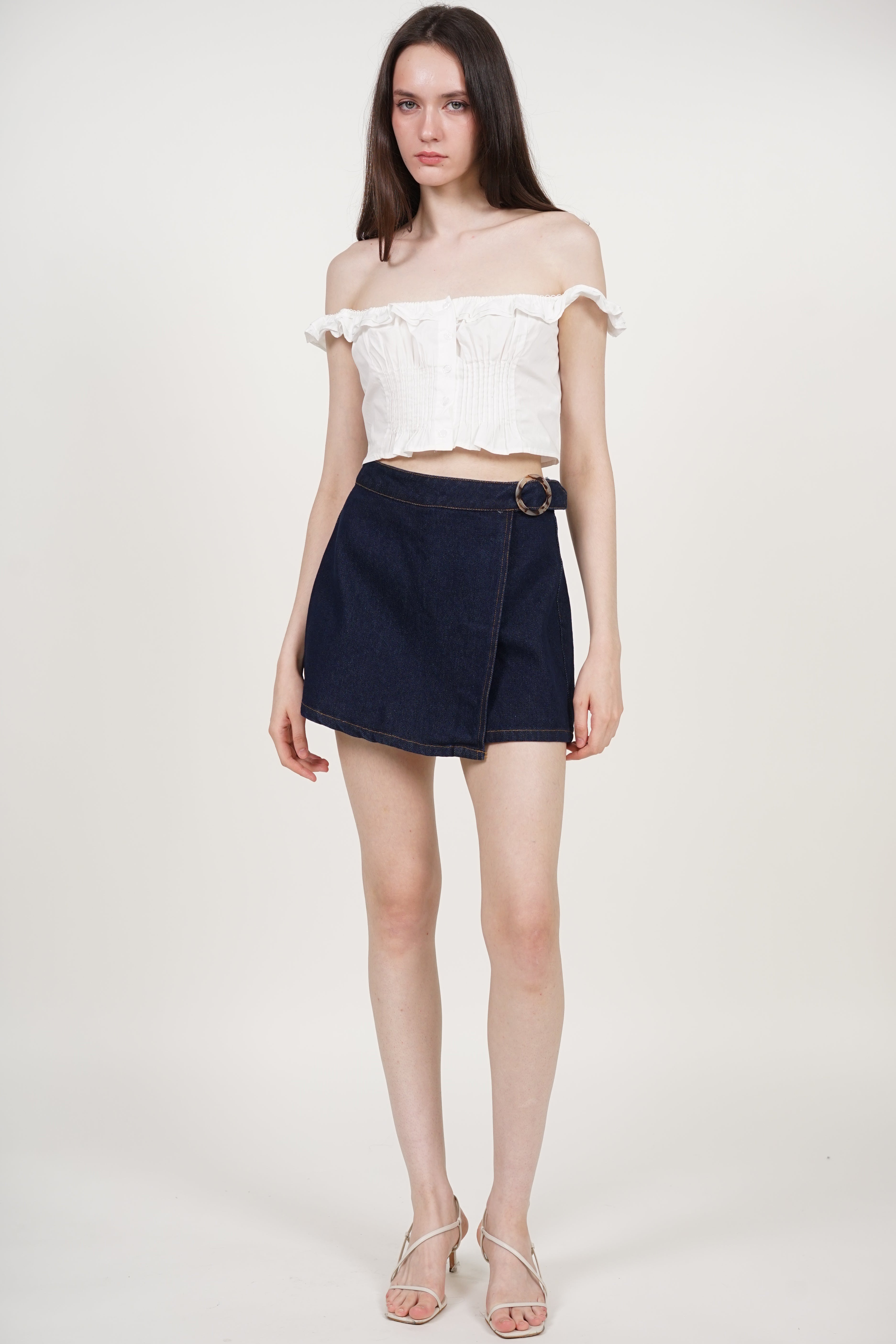 Wrap Denim Buckle Skorts in Dark Blue