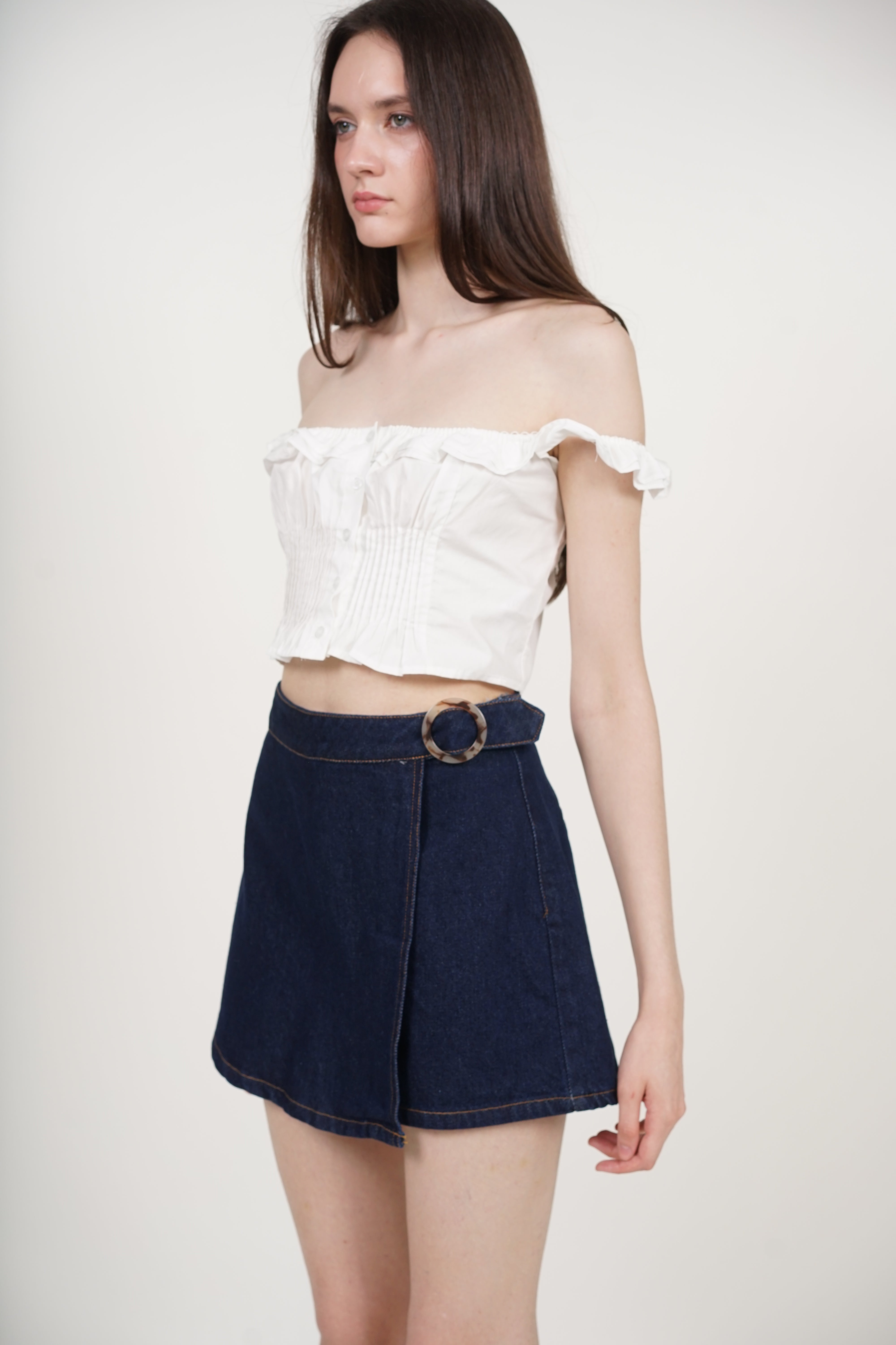 Wrap Denim Buckle Skorts in Dark Blue