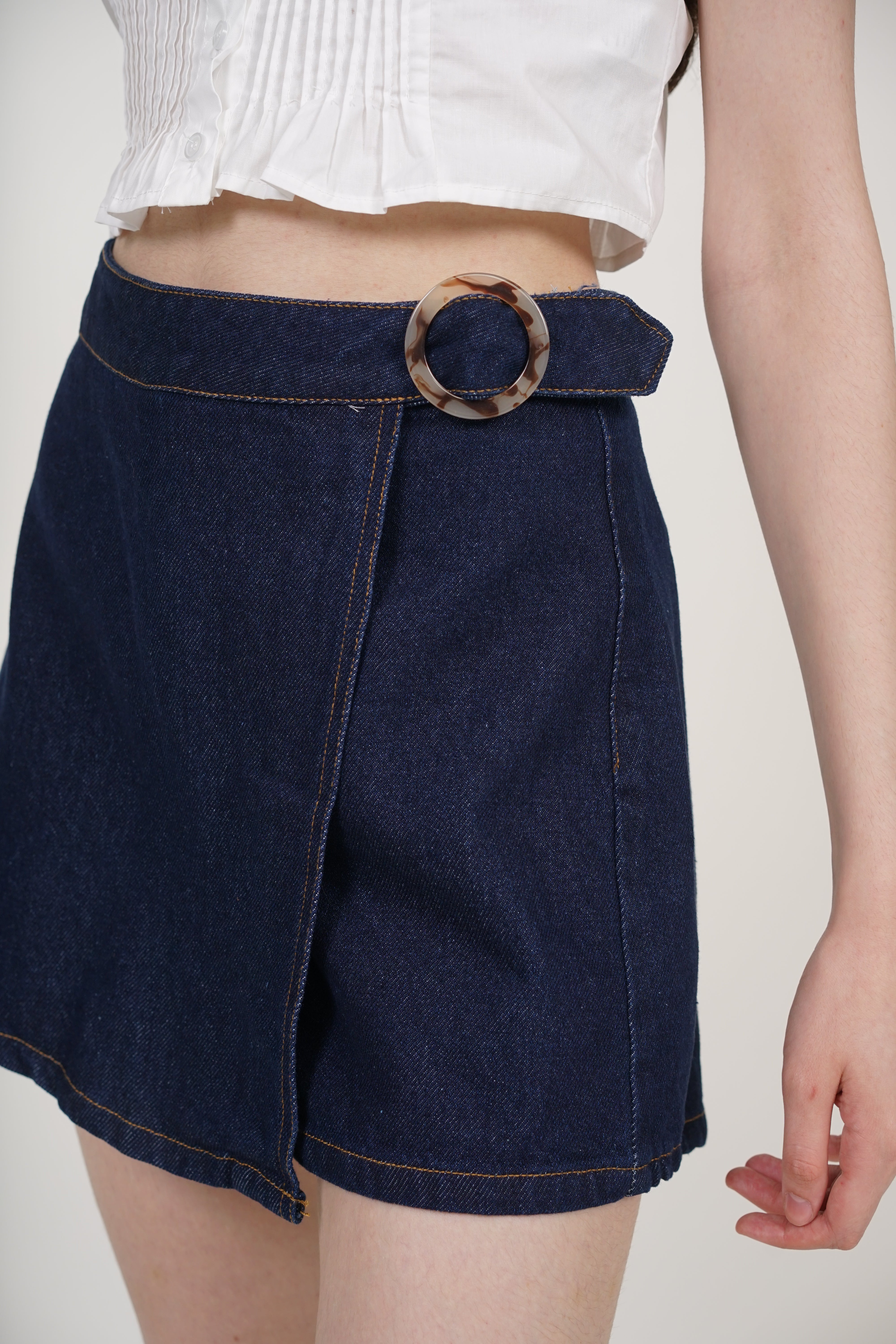 Wrap Denim Buckle Skorts in Dark Blue
