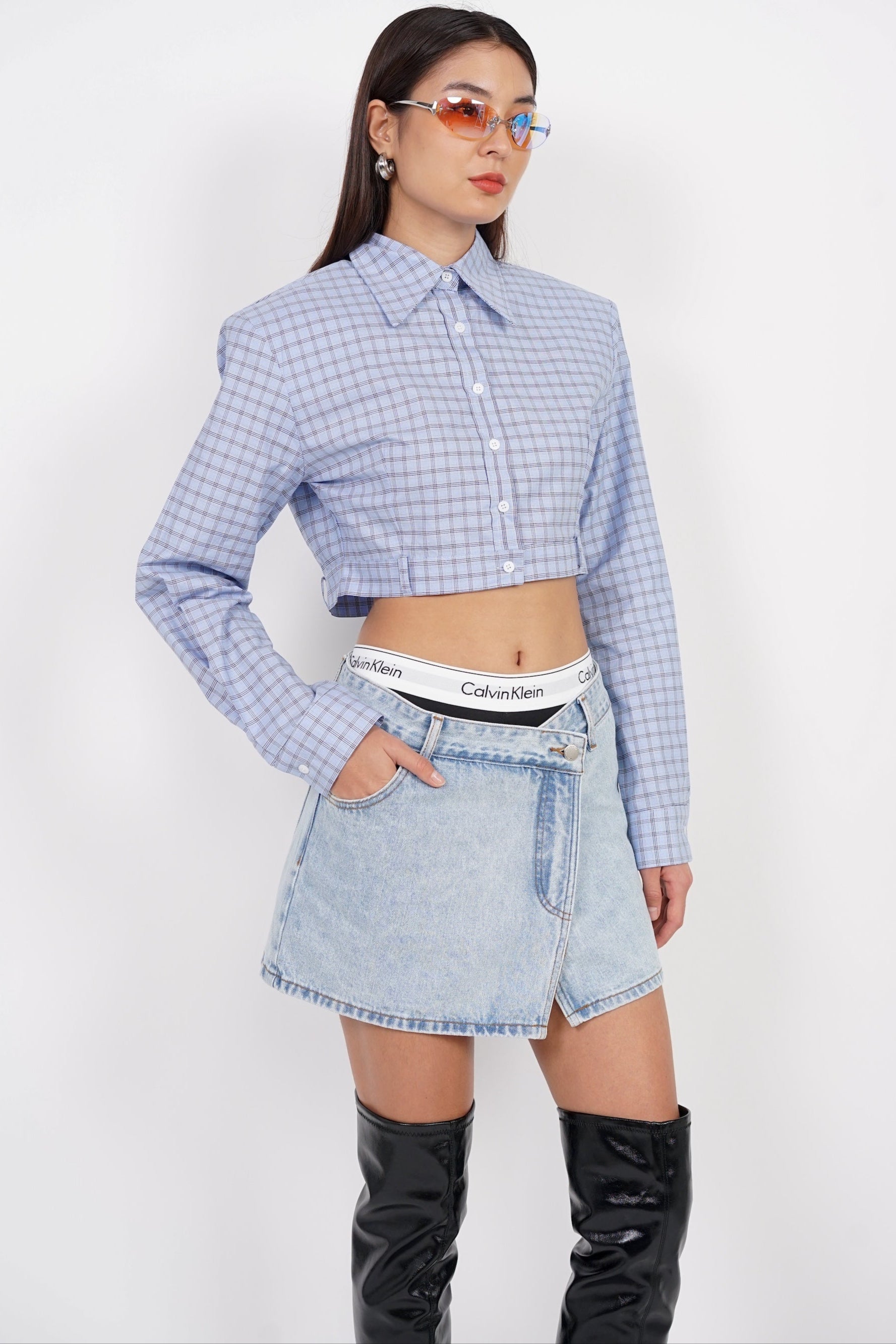 Long Sleeve Crop Button Top in Light Blue Checks