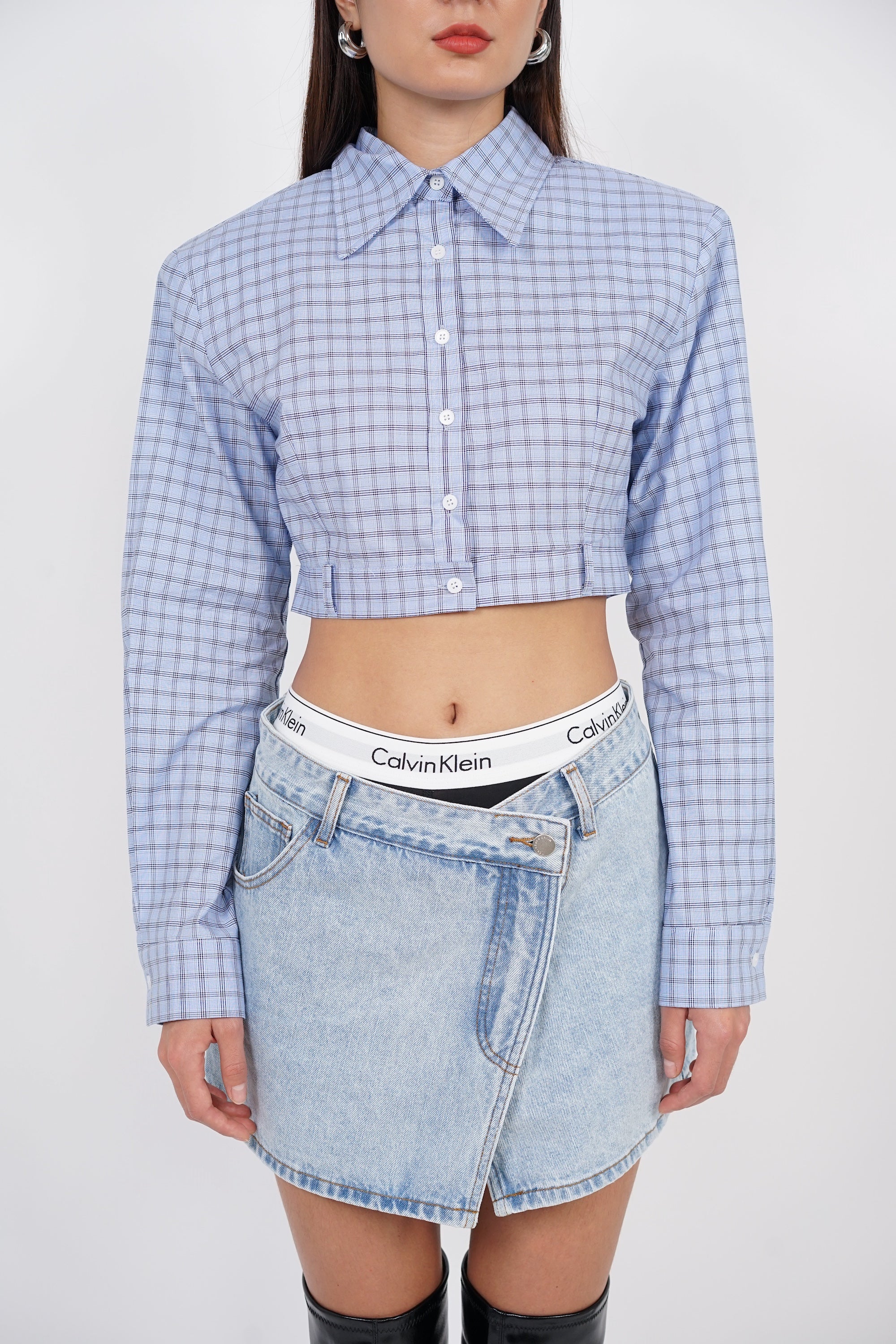 Long Sleeve Crop Button Top in Light Blue Checks