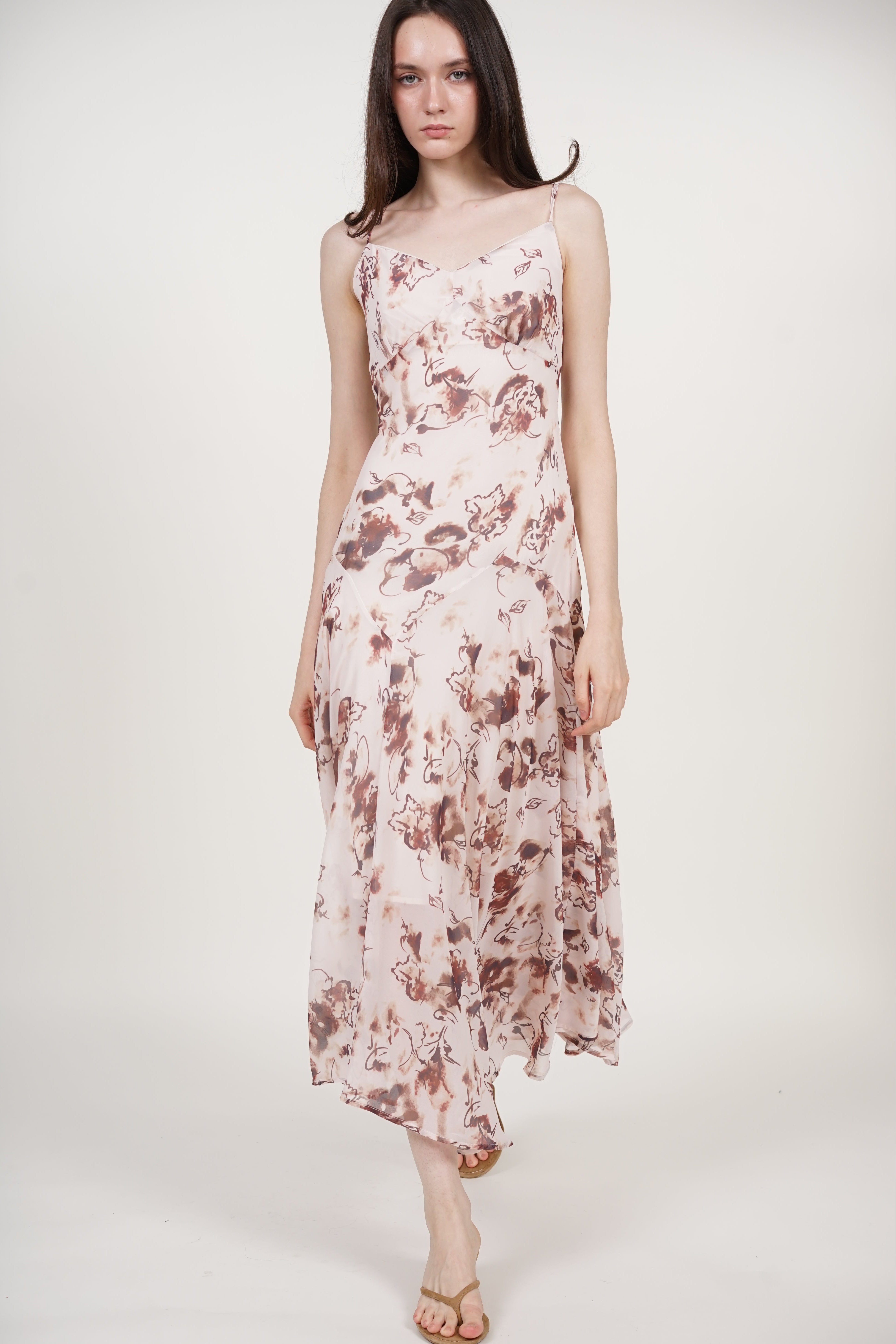 Cami Flare Maxi Dress in Nude Brown Floral