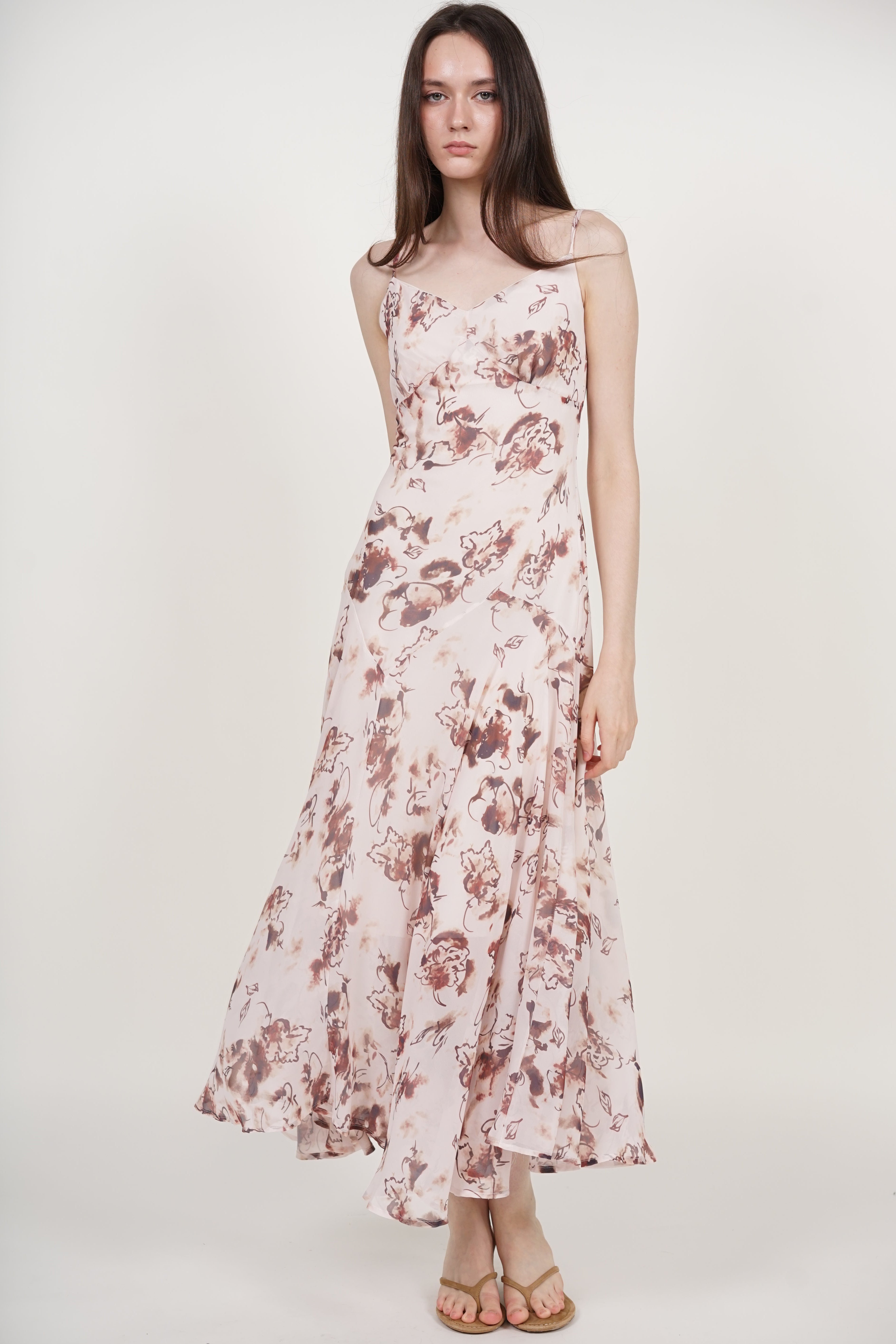 Cami Flare Maxi Dress in Nude Brown Floral