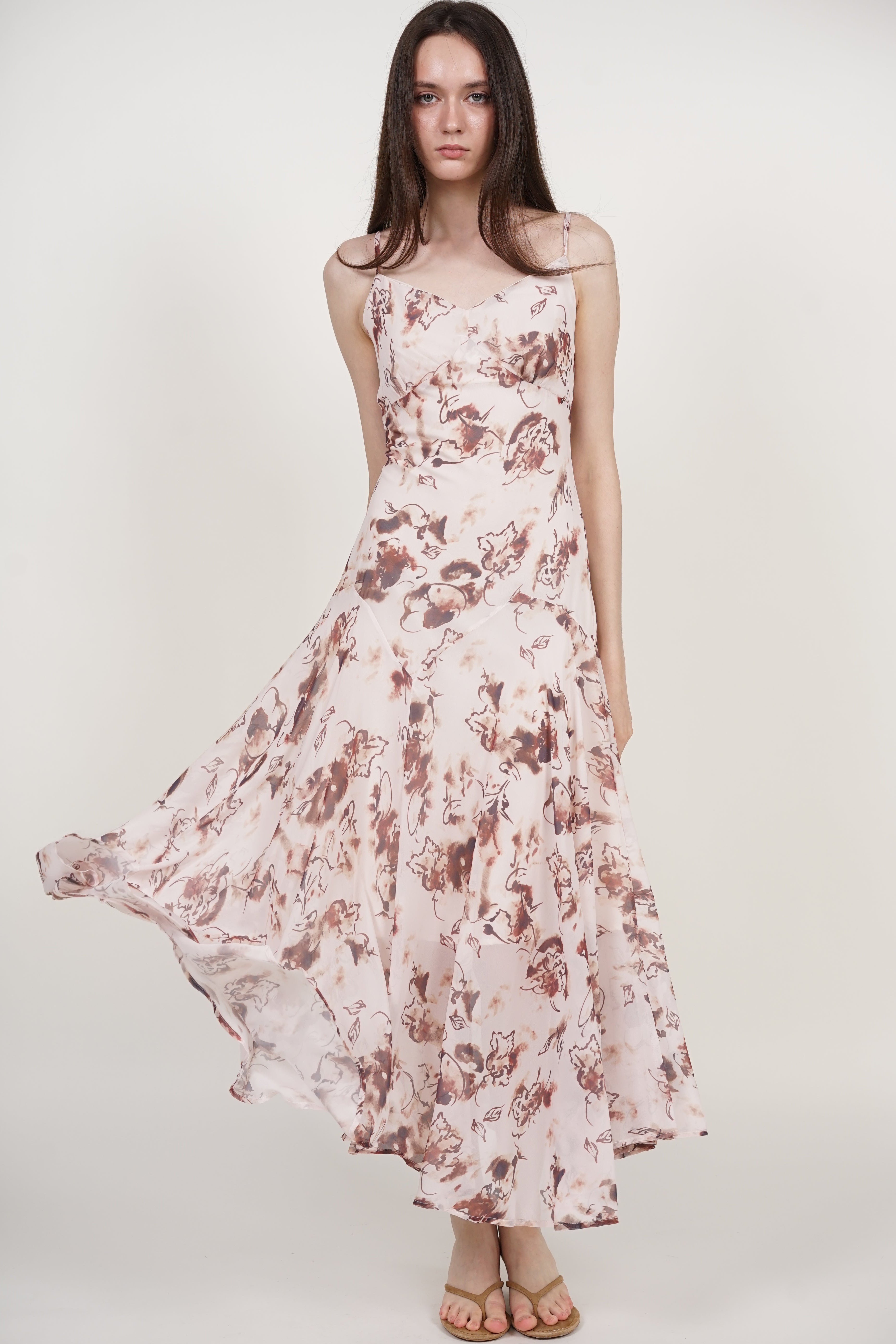 Cami Flare Maxi Dress in Nude Brown Floral