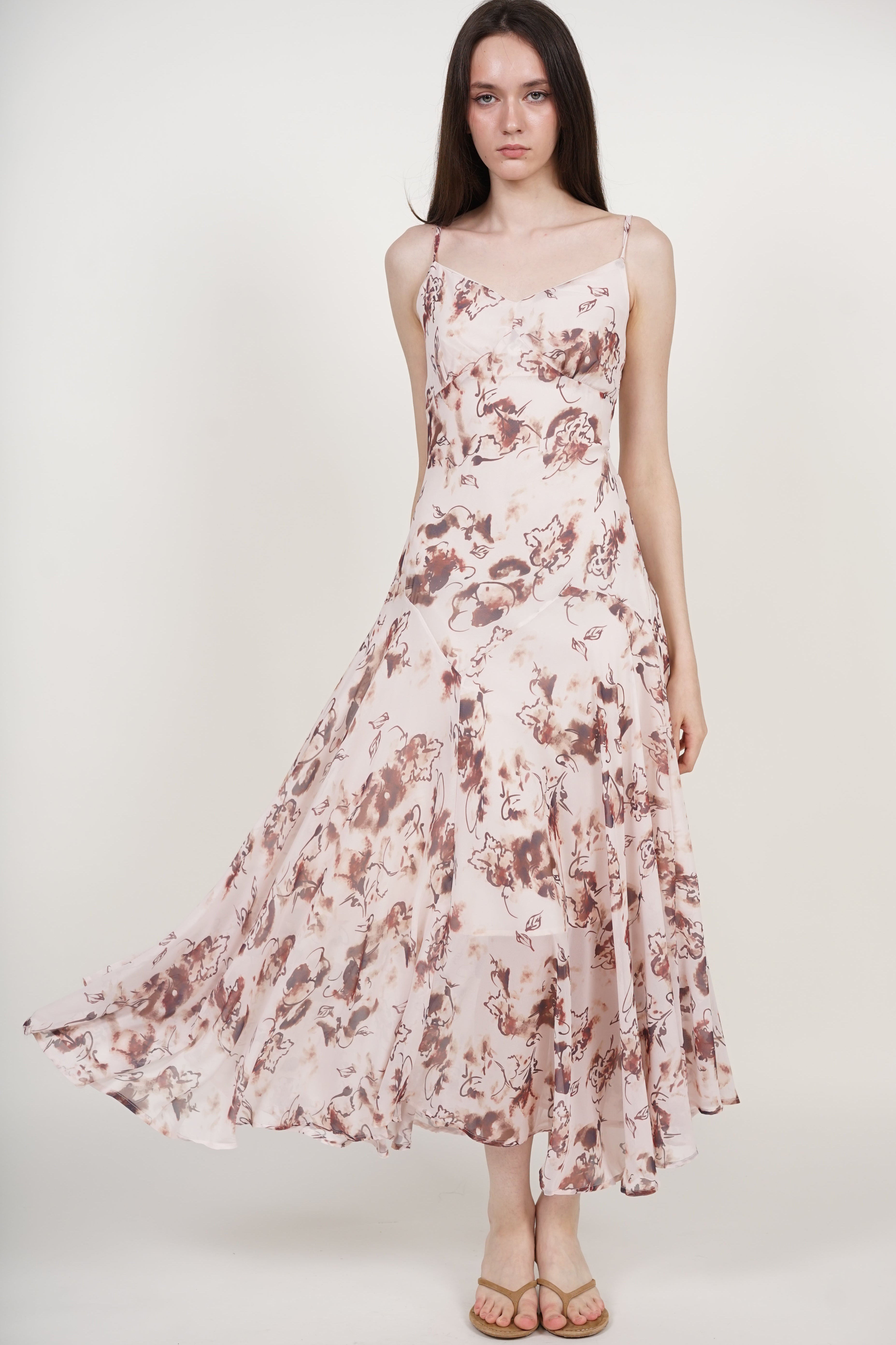 Cami Flare Maxi Dress in Nude Brown Floral