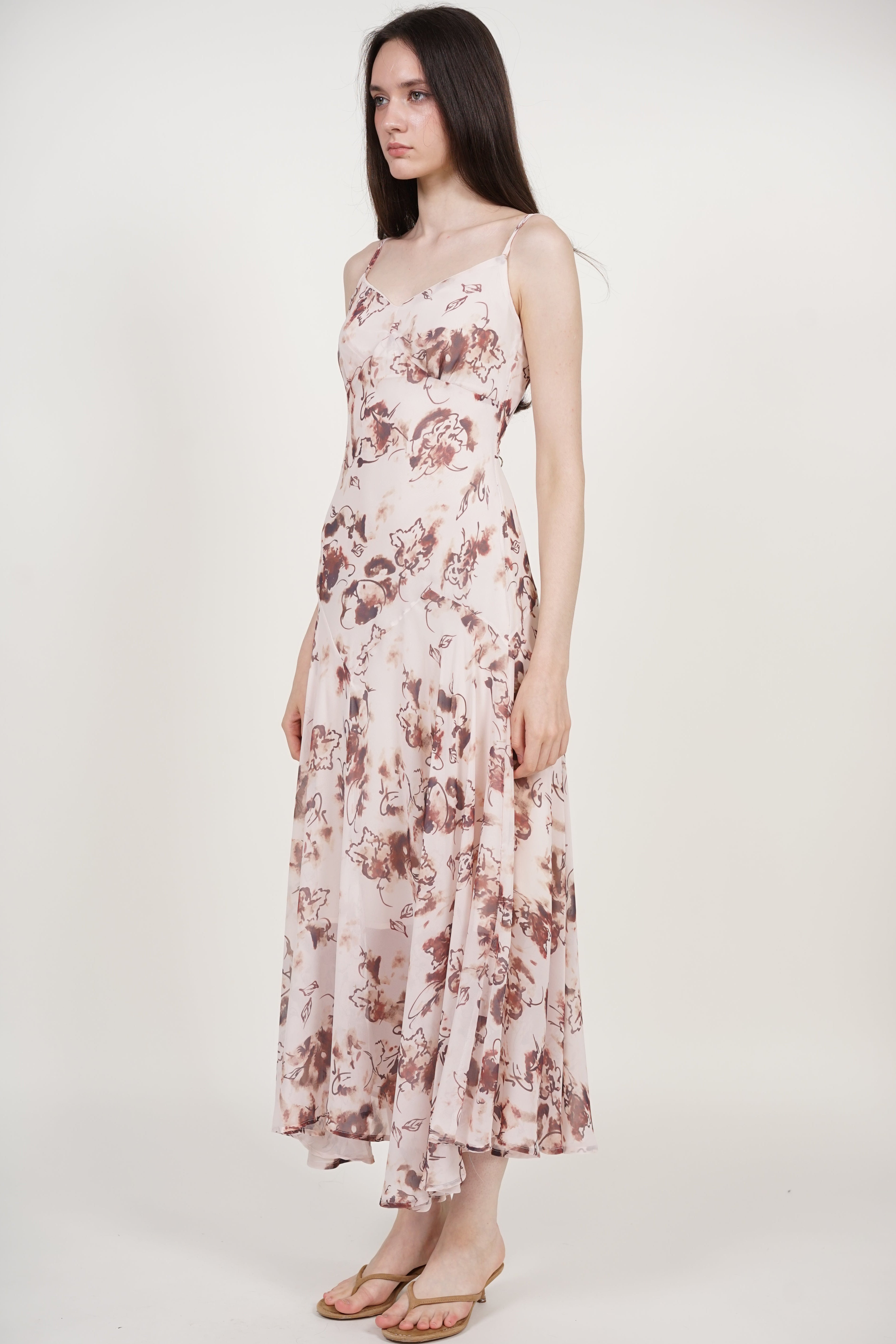 Cami Flare Maxi Dress in Nude Brown Floral