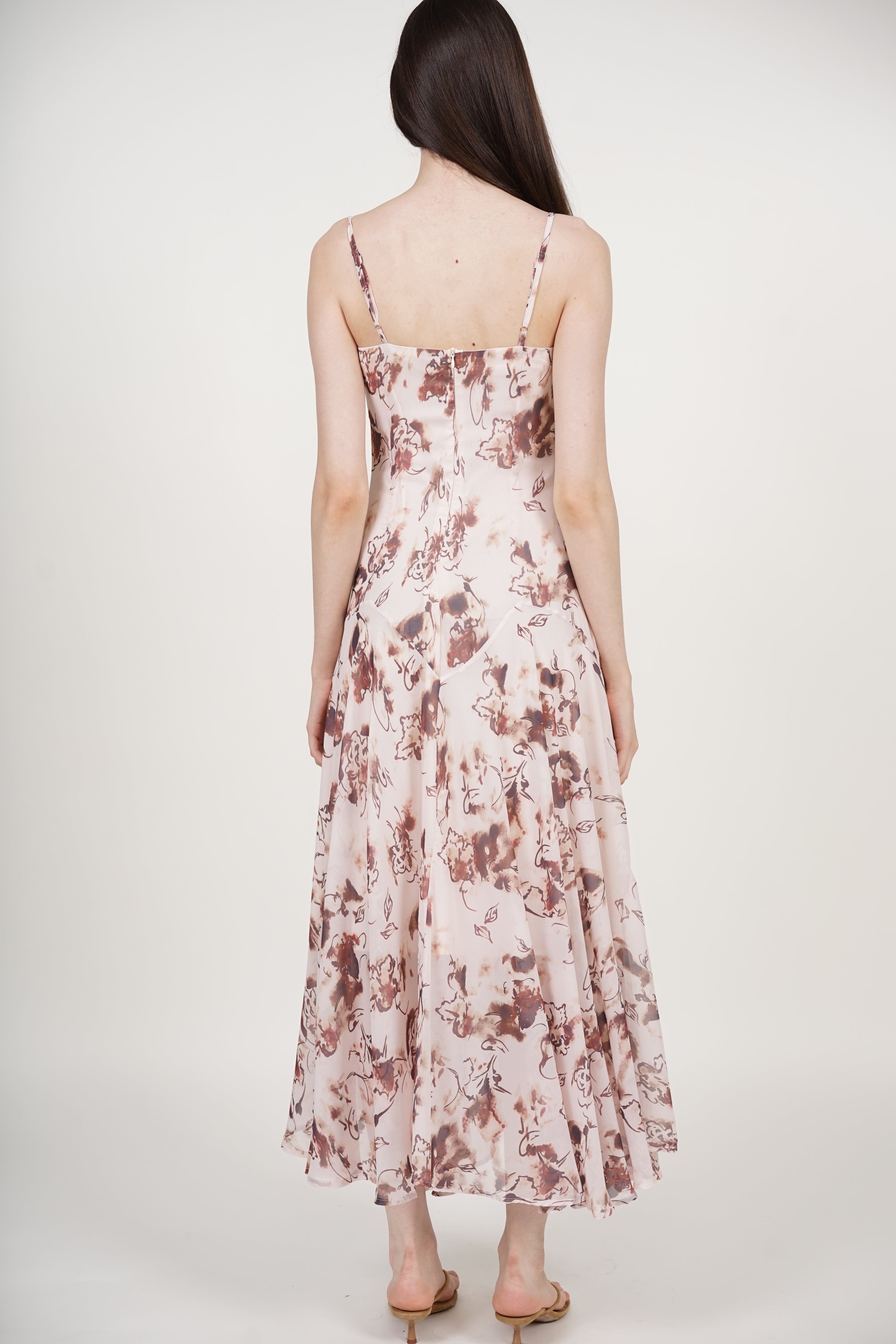 Cami Flare Maxi Dress in Nude Brown Floral