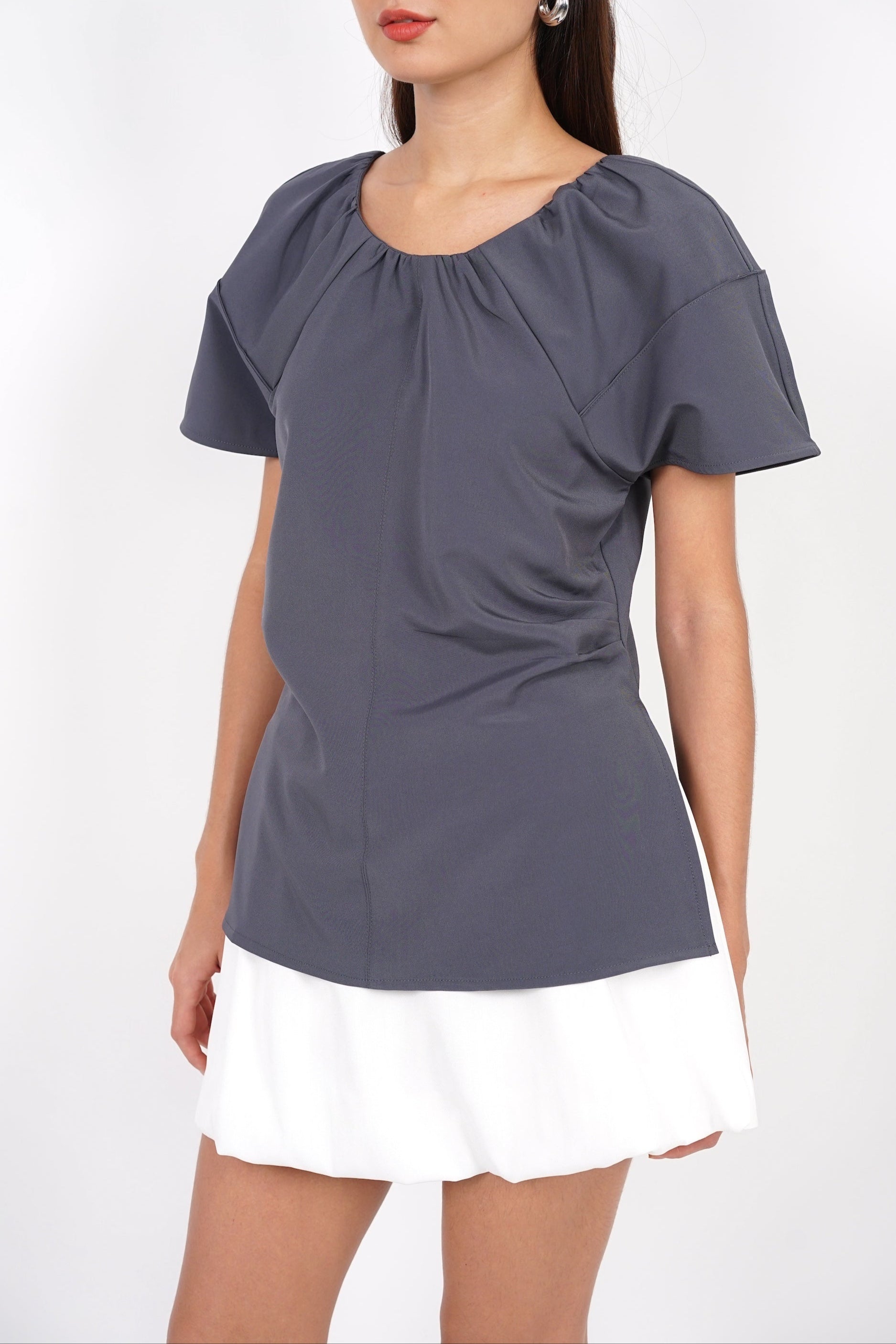 Gathered Scoop Neck Top in Grey