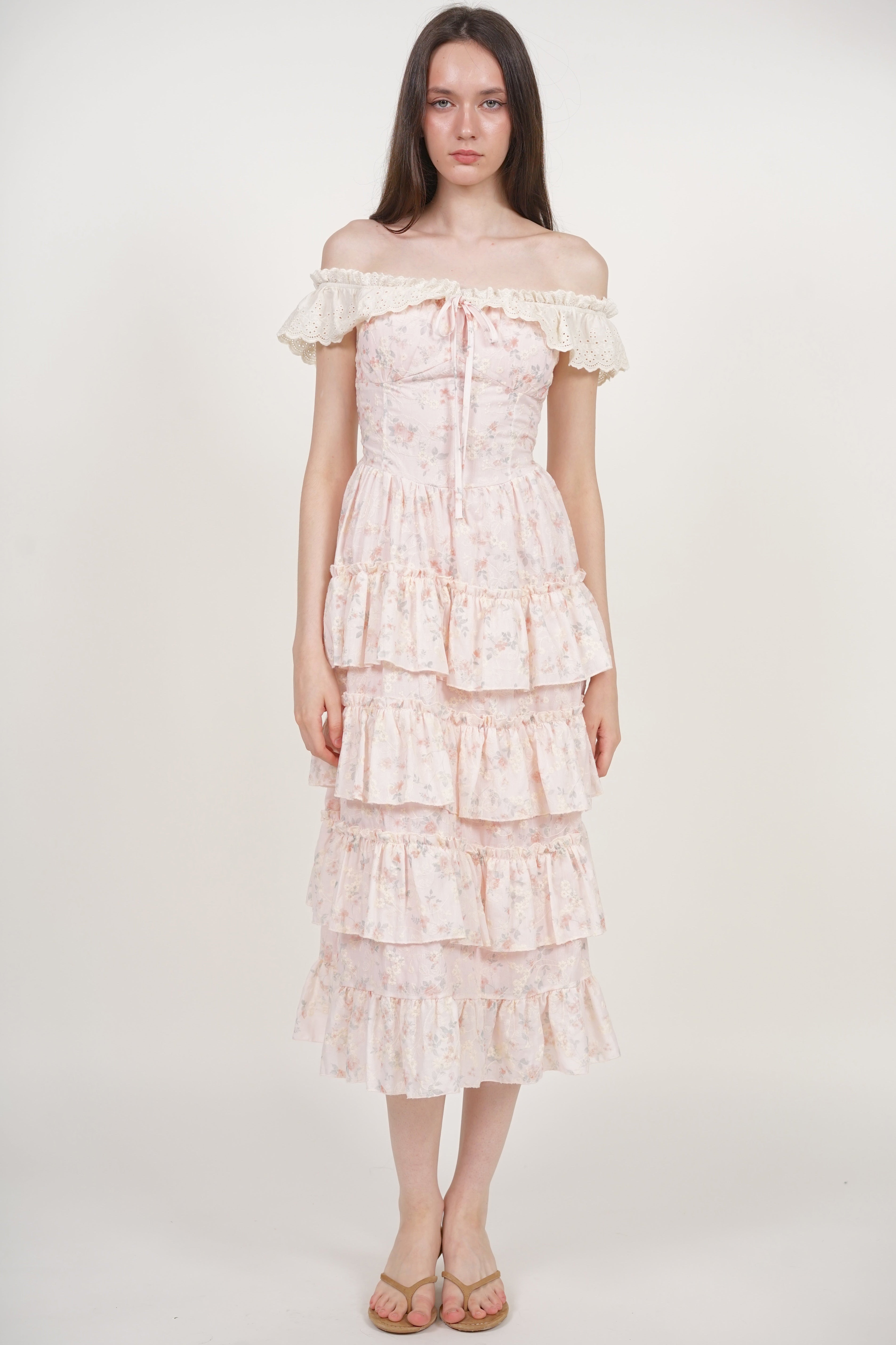 Tiered Maxi Floral Embroidery Dress in Pink