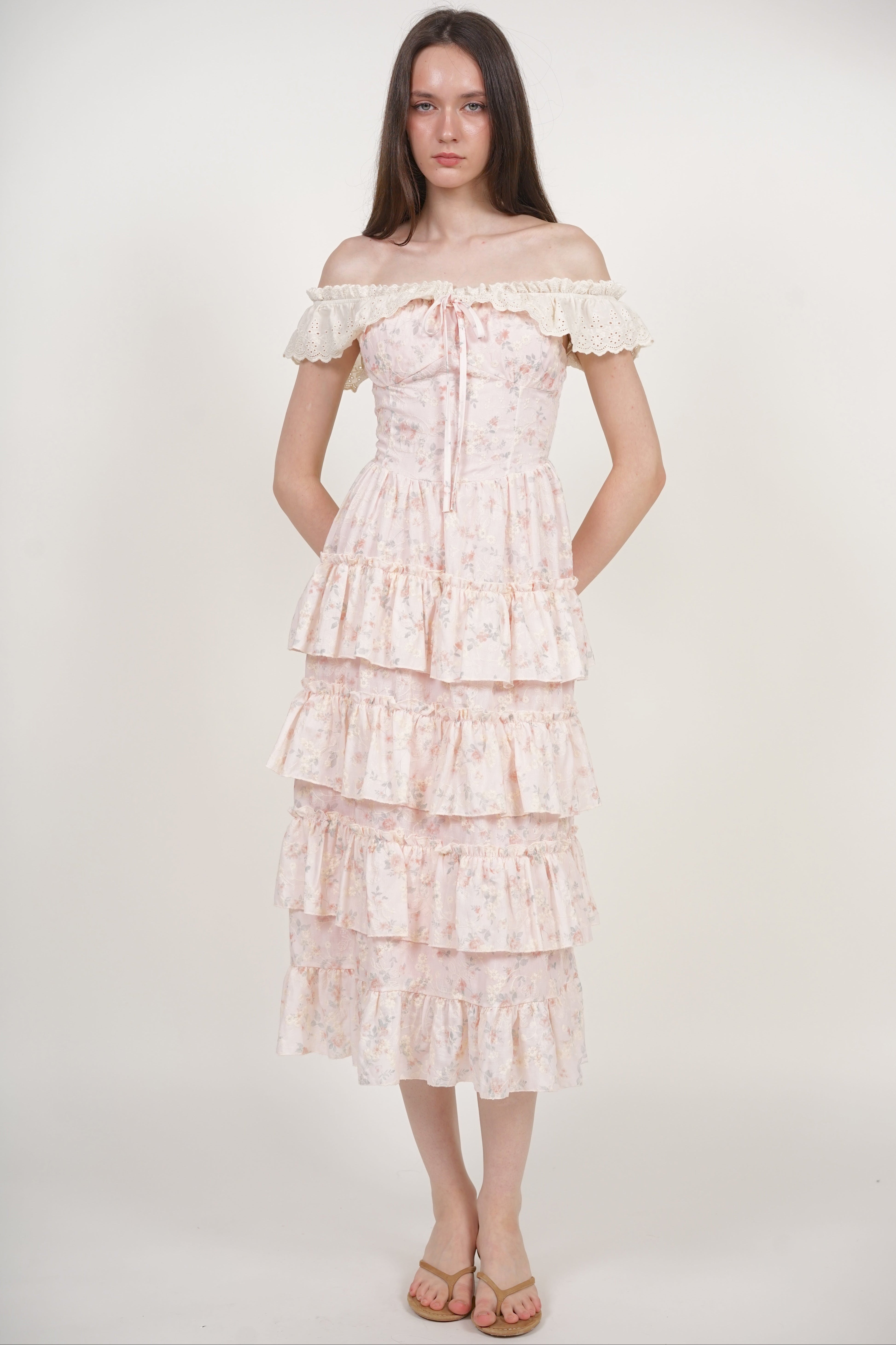 Tiered Maxi Floral Embroidery Dress in Pink