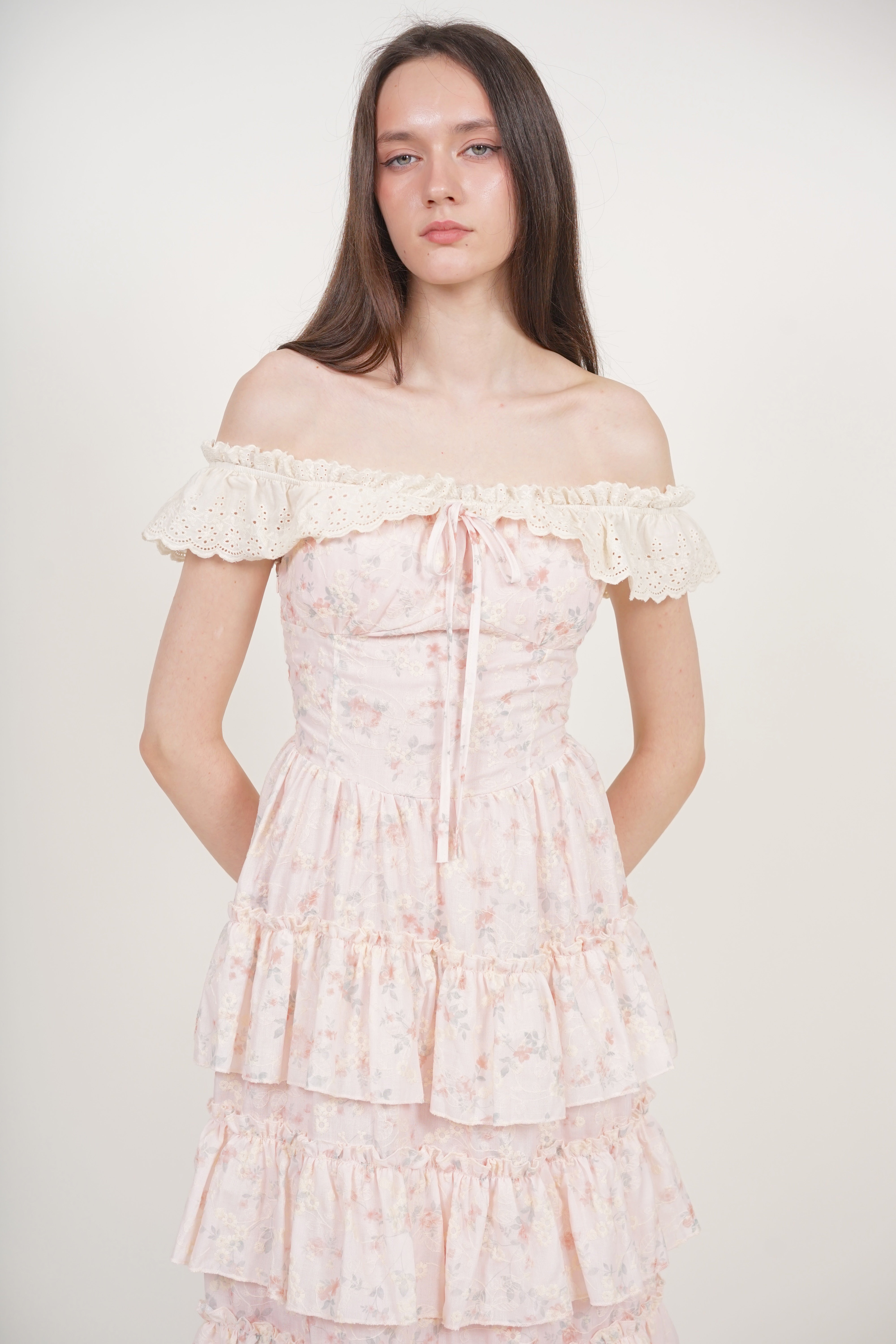 Tiered Maxi Floral Embroidery Dress in Pink
