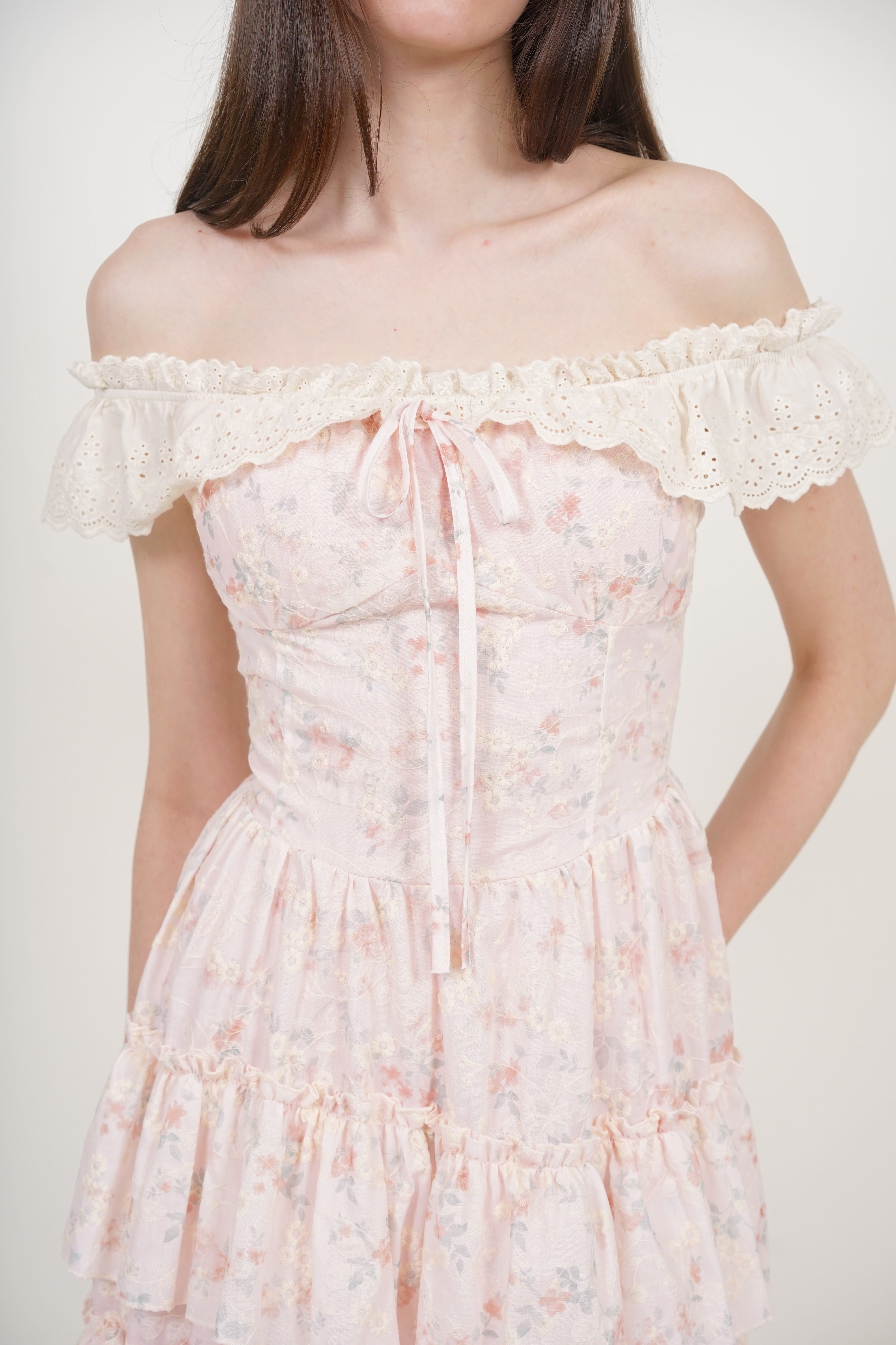 Tiered Maxi Floral Embroidery Dress in Pink
