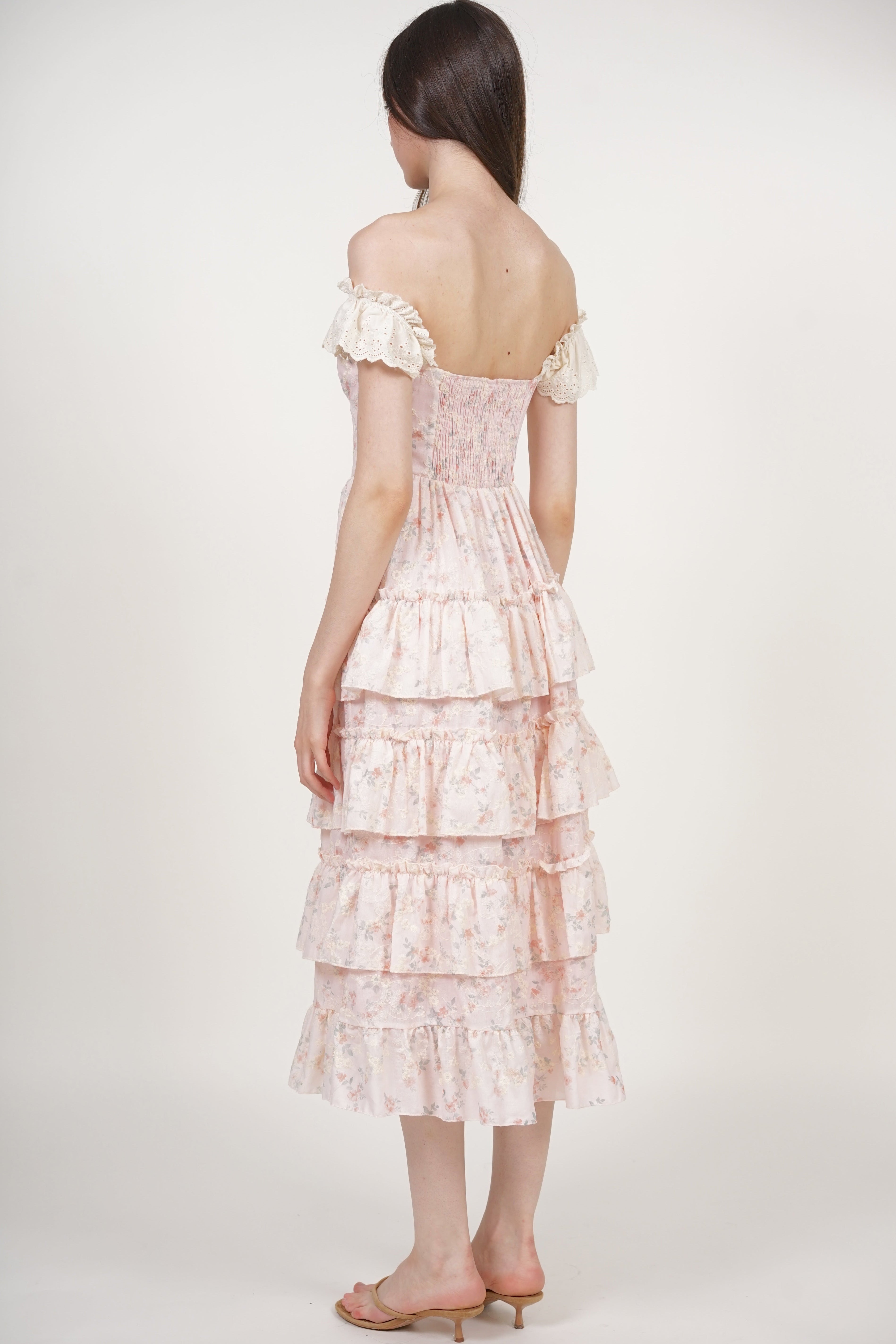 Tiered Maxi Floral Embroidery Dress in Pink