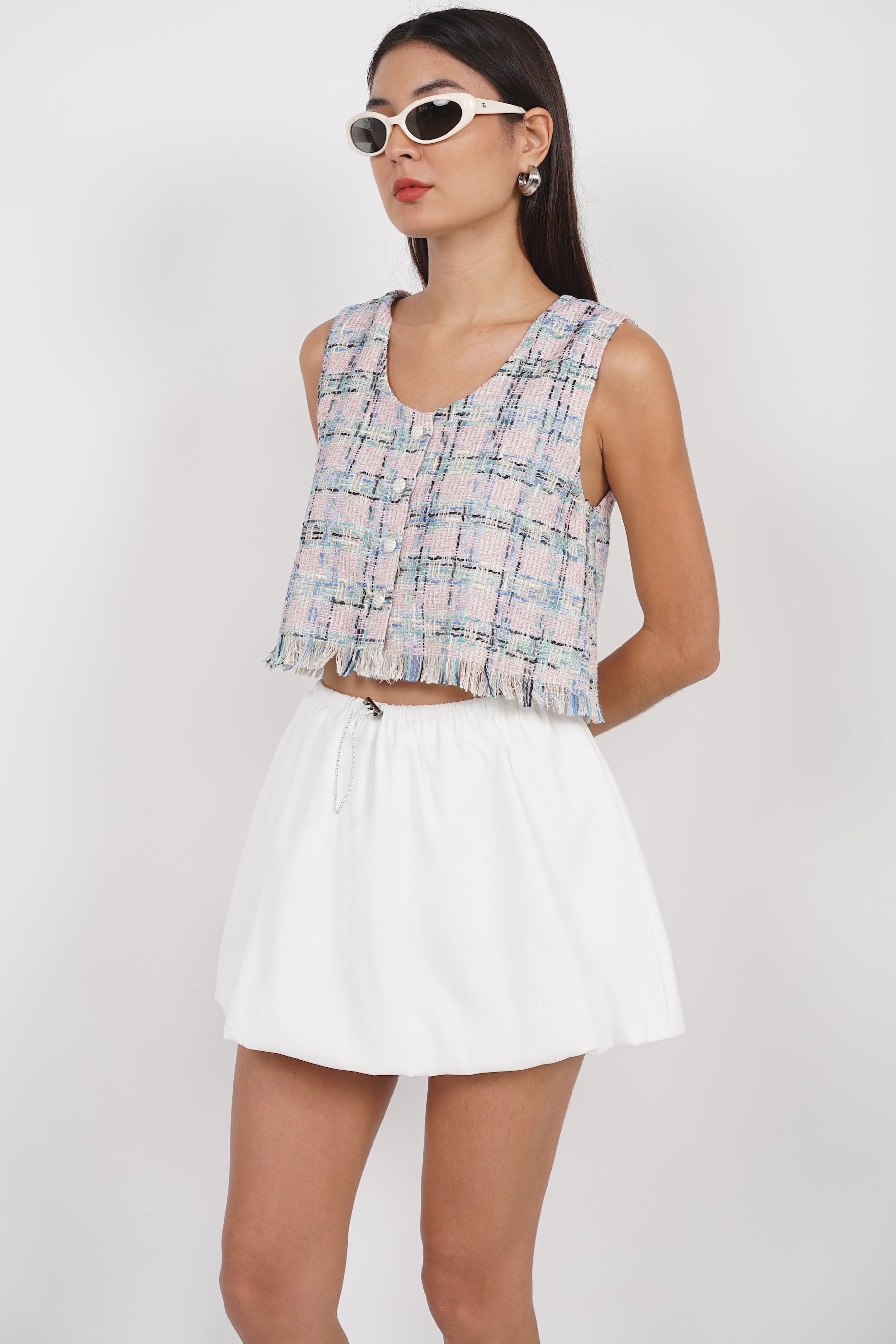 Sleeveless Tweed Fray Hem Top in Pink