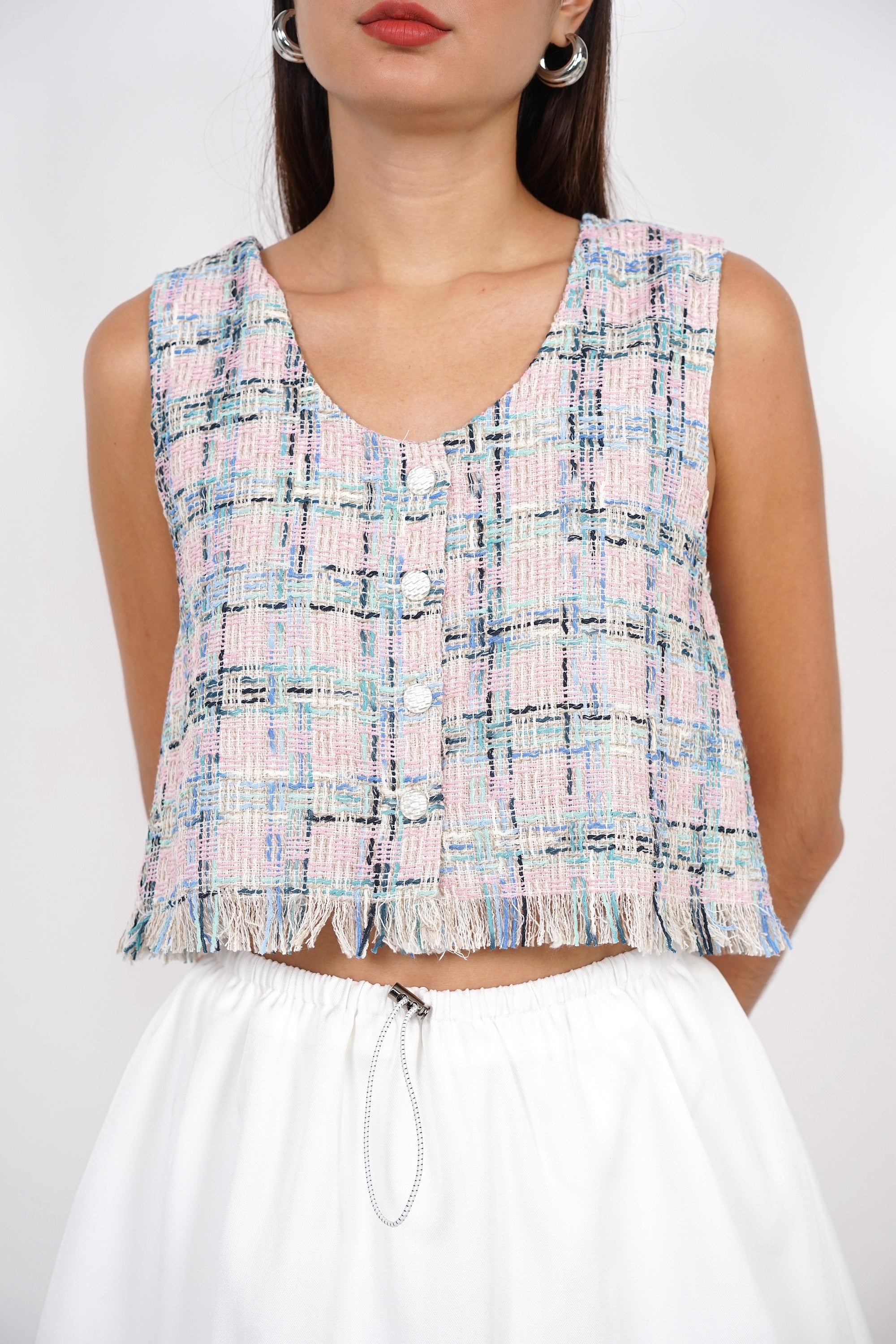 Sleeveless Tweed Fray Hem Top in Pink