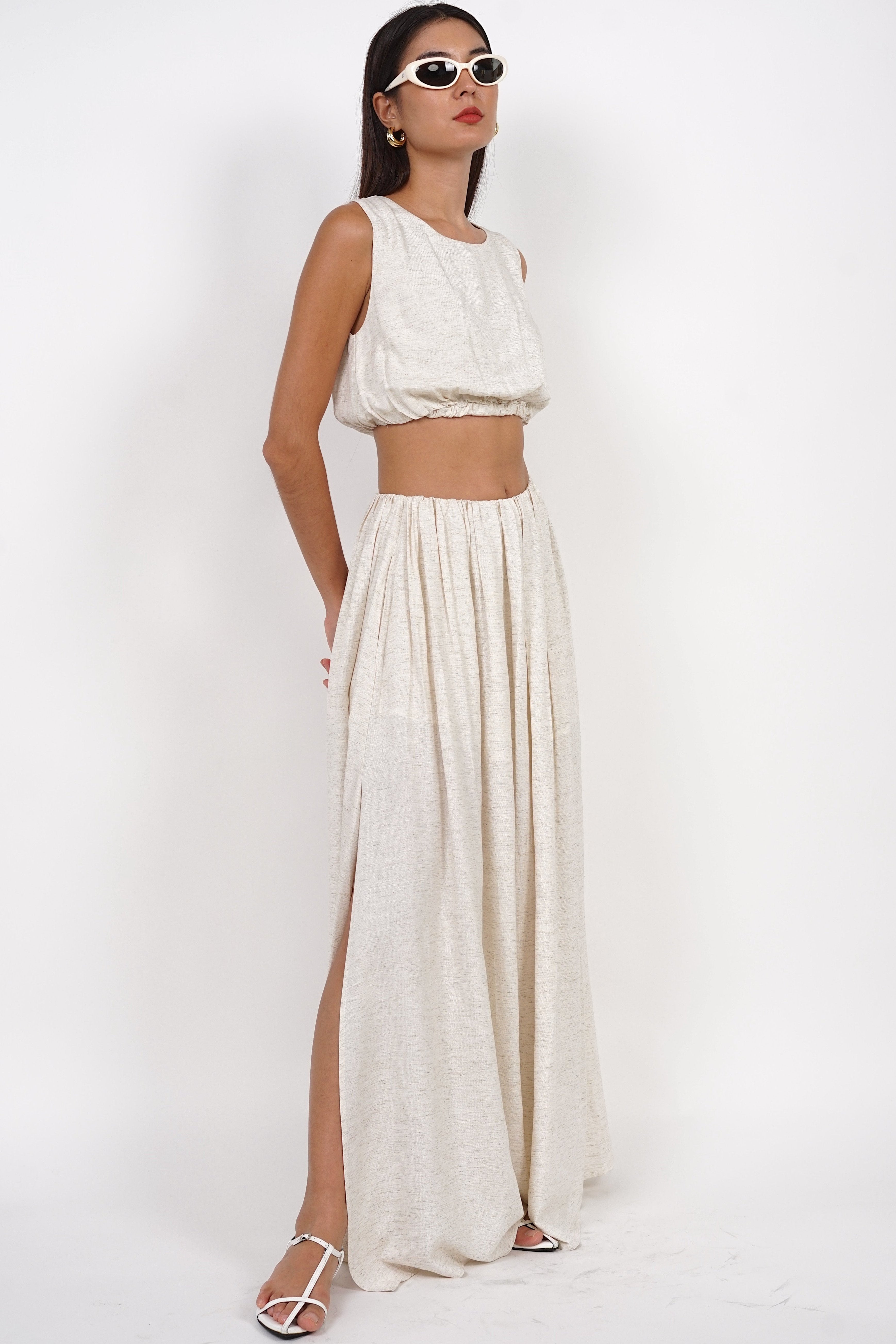 Gathered Waist Flare Skirt in Oat
