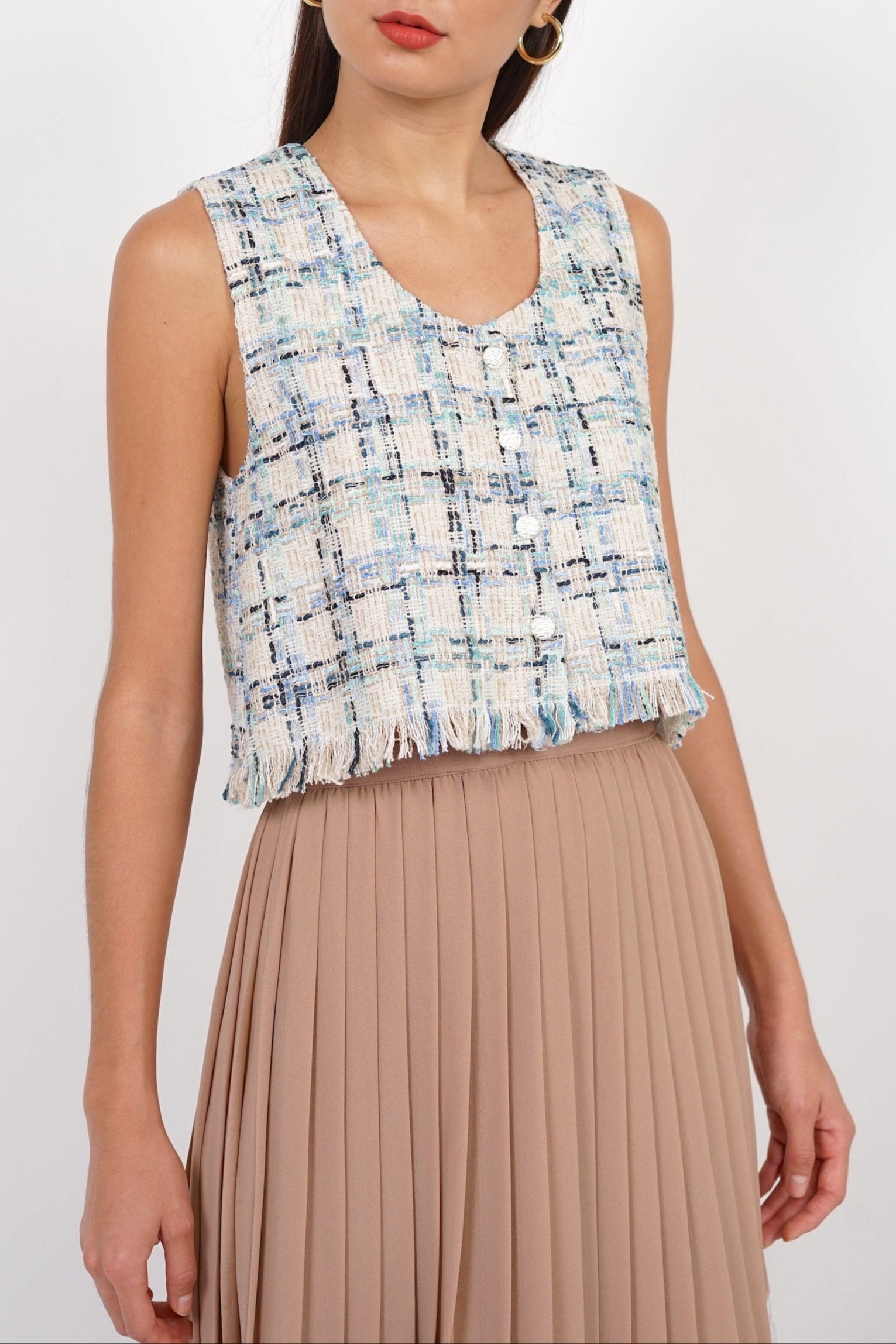 Sleeveless Tweed Fray Hem Top in Blue