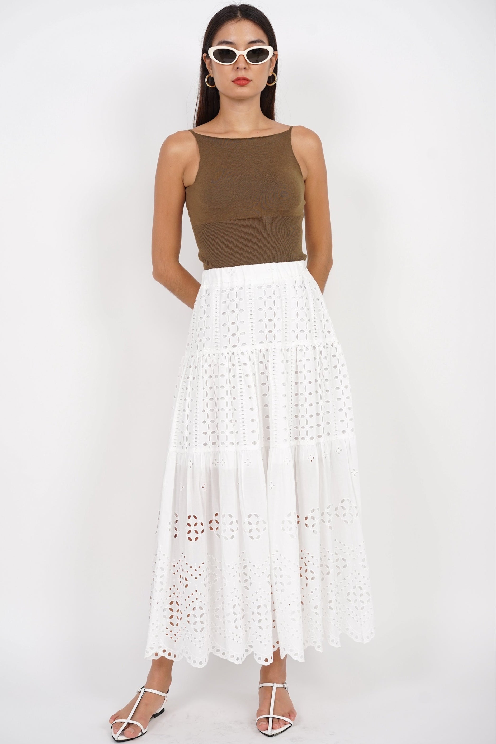 Eyelet Tiered Skirt in White