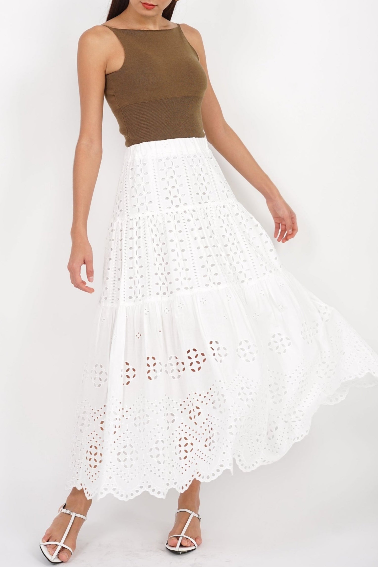 Eyelet Tiered Skirt in White