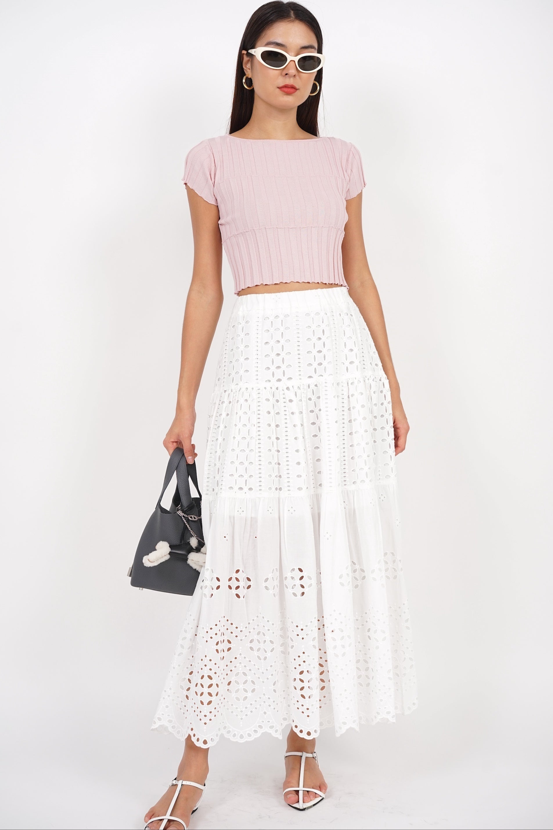 Eyelet Tiered Skirt in White