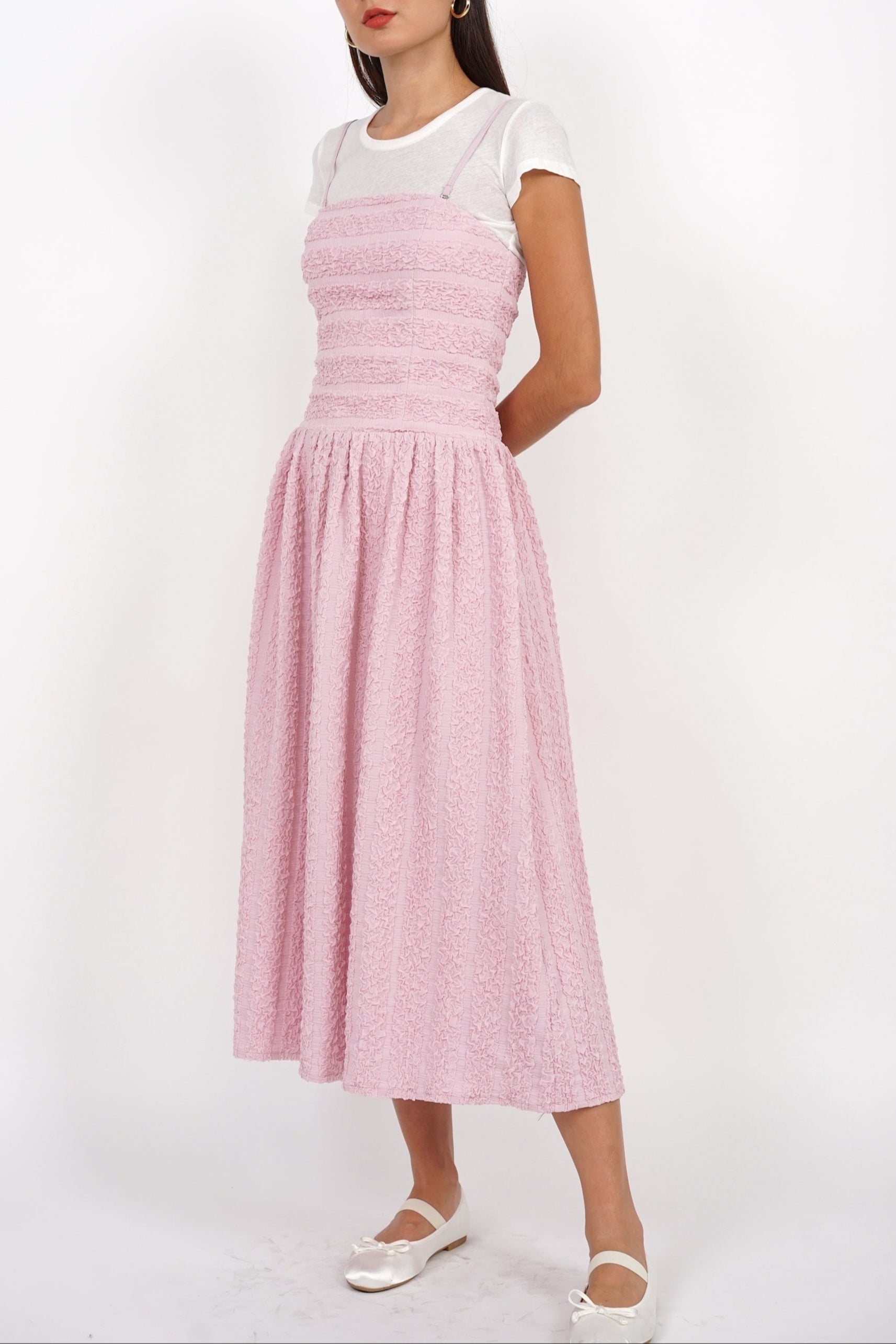 Textured Gathered Midi Dress in Pink