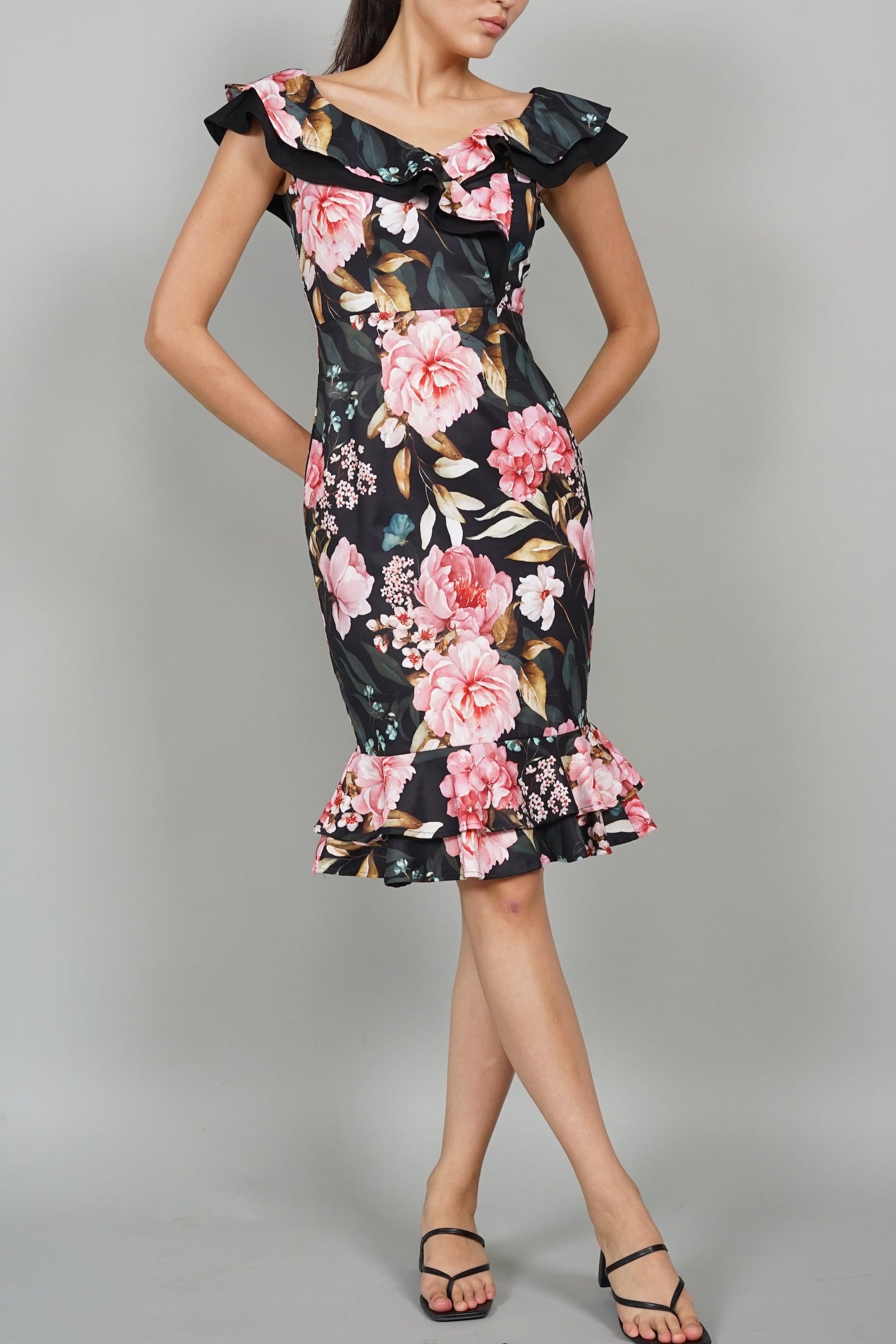 Roy Flounce Mermaid Dress in Black Pink Floral