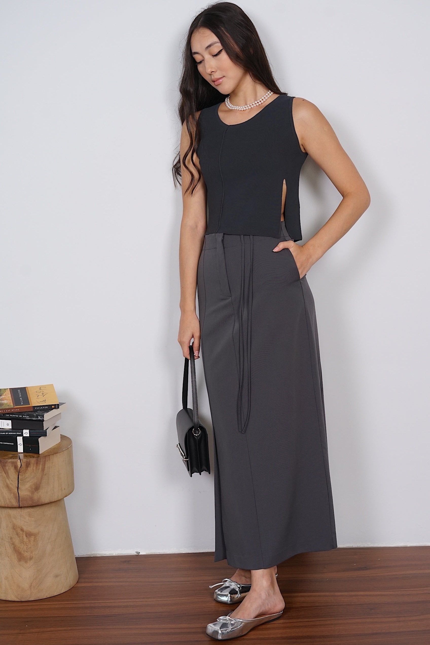 Side Slit Knit Top in Charcoal Grey