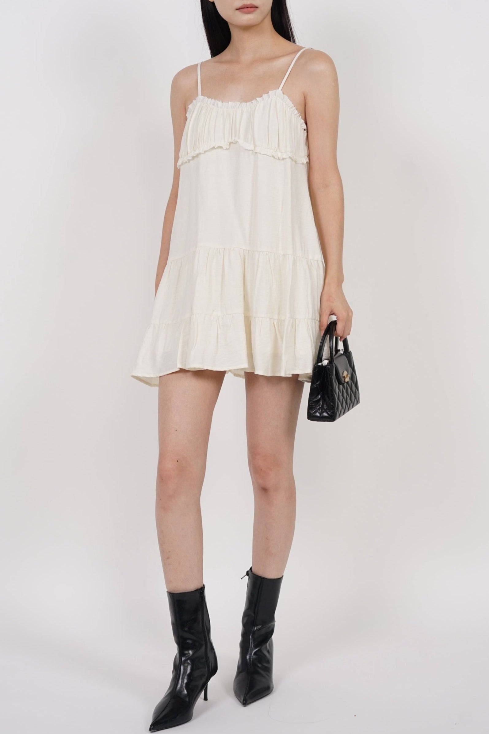 Ruched Gathered Flare Dress in White