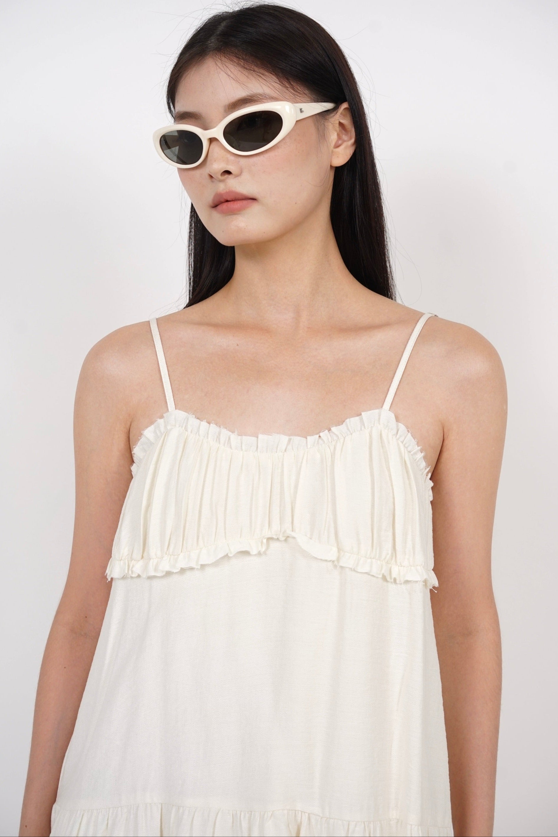 Ruched Gathered Flare Dress in White