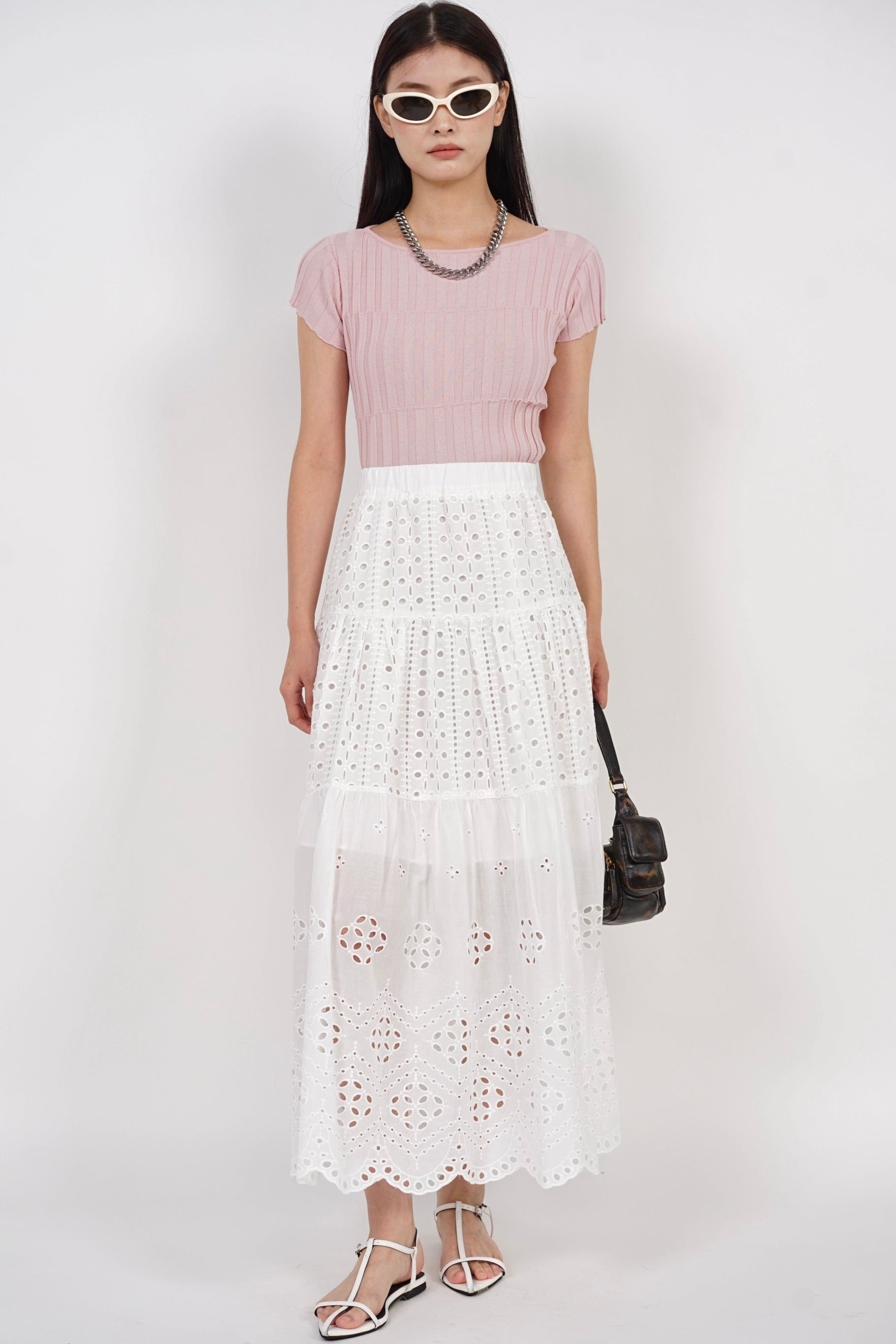 Eyelet Tiered Skirt in White