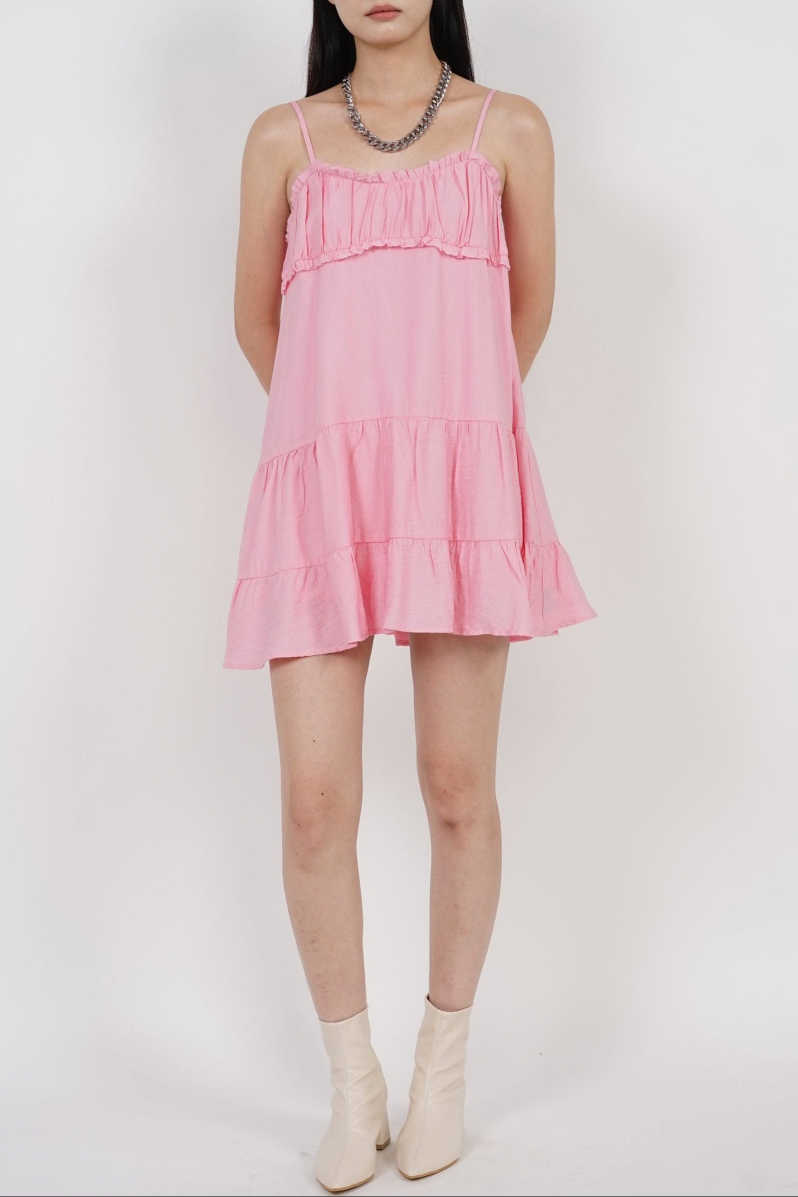 Ruched Gathered Flare Dress in Pink