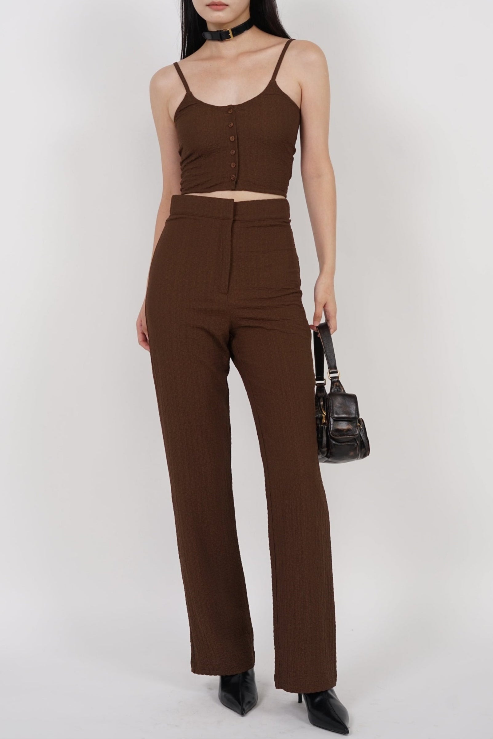 Textured Flared Hem Pants in Mocha