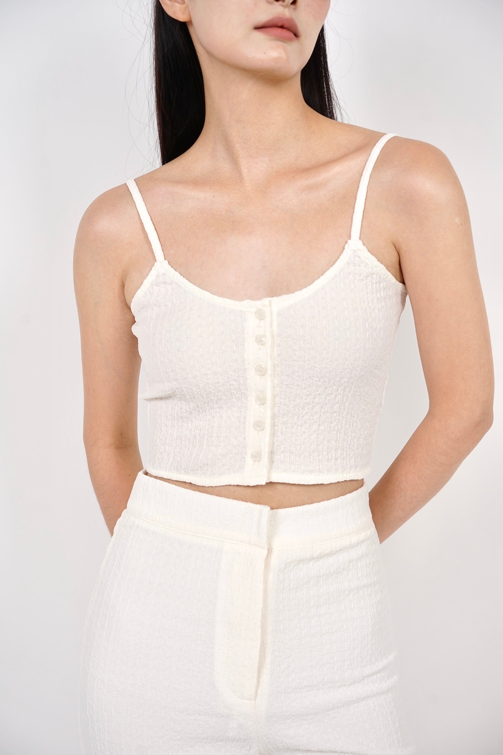 Textured Cami Button Crop Top in Cream