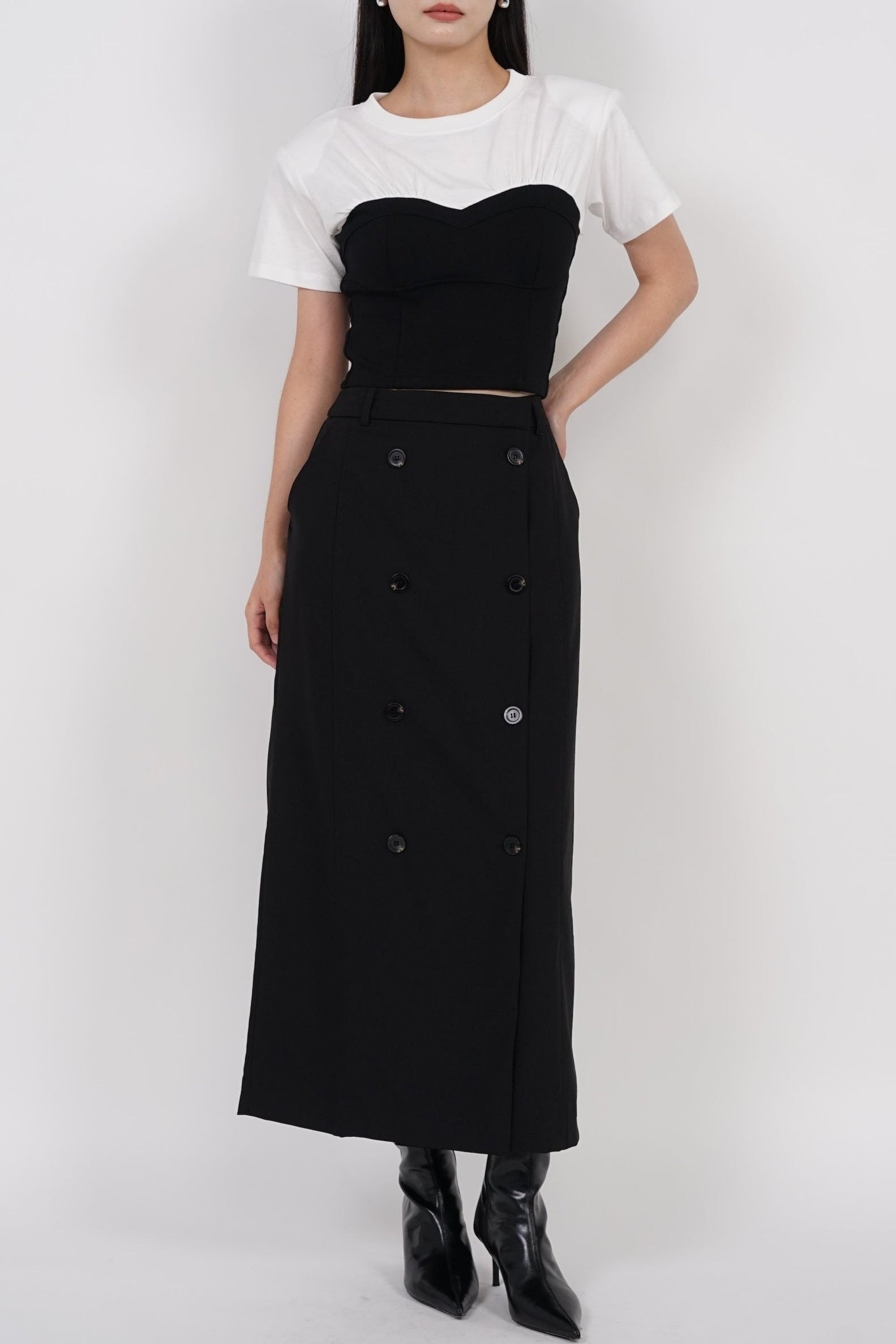 Button Utility Midi Skirt in Black