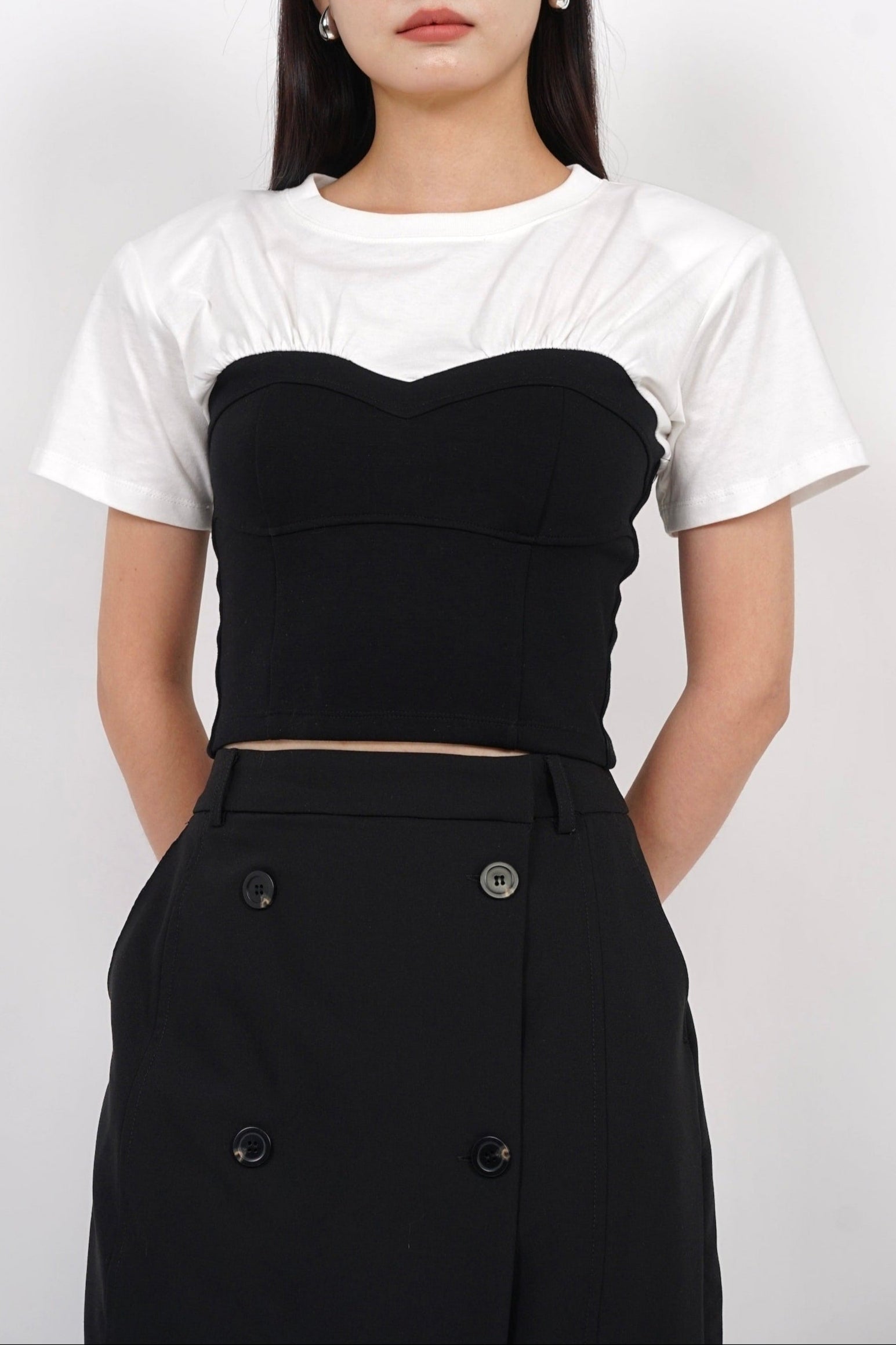 Short Sleeve Bustier Top in White Black