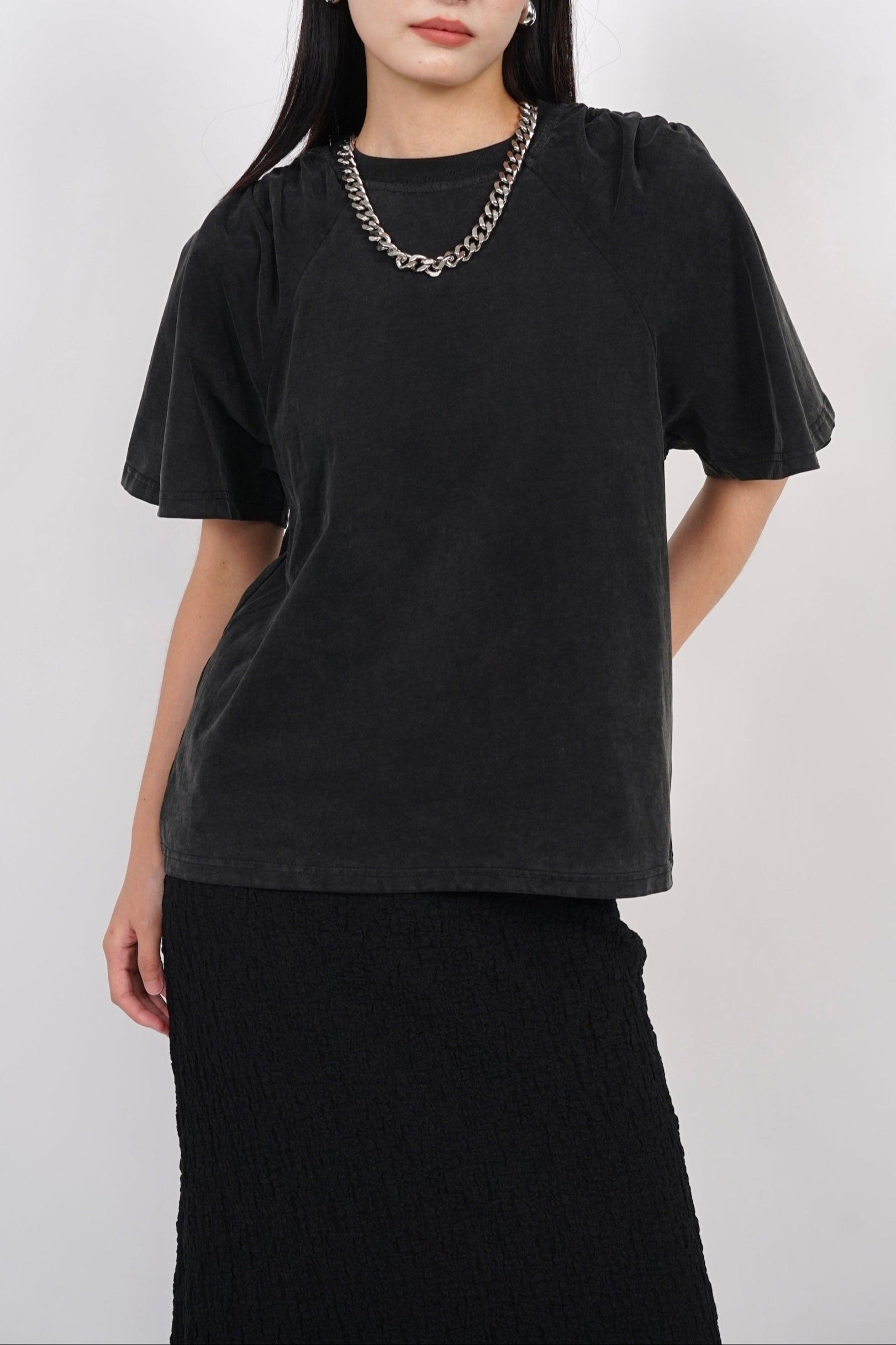 Washed Gathered Padded Top in Black