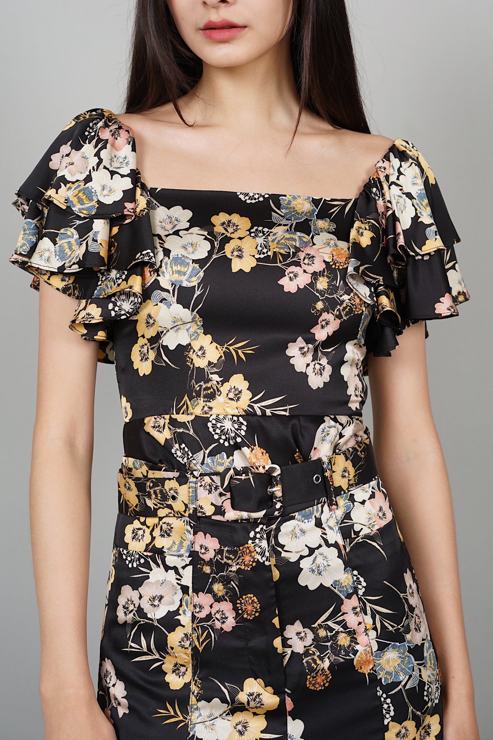 Huda Ruffled Top in Black Floral