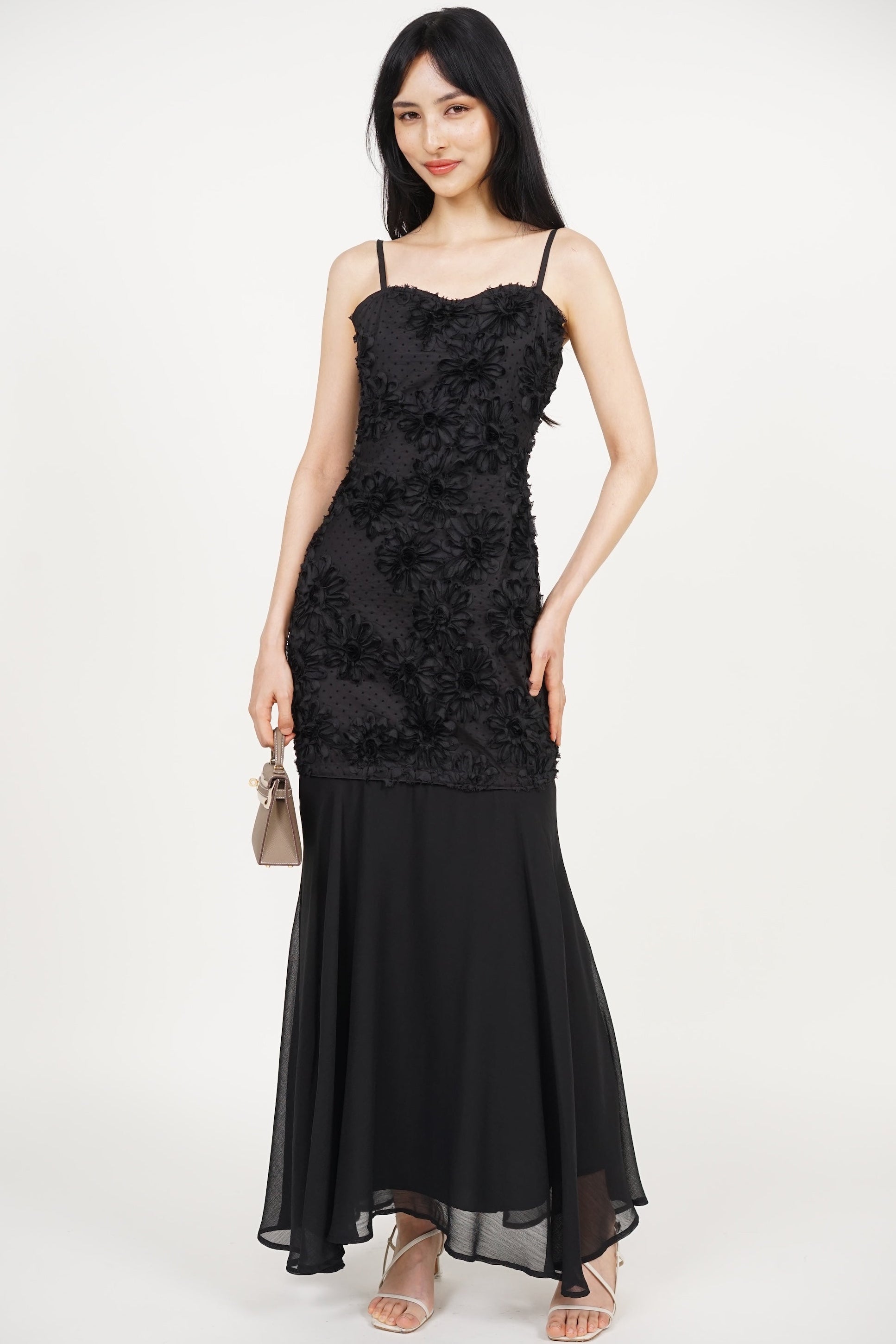 Sweetheart 3D Floral Dress in Black