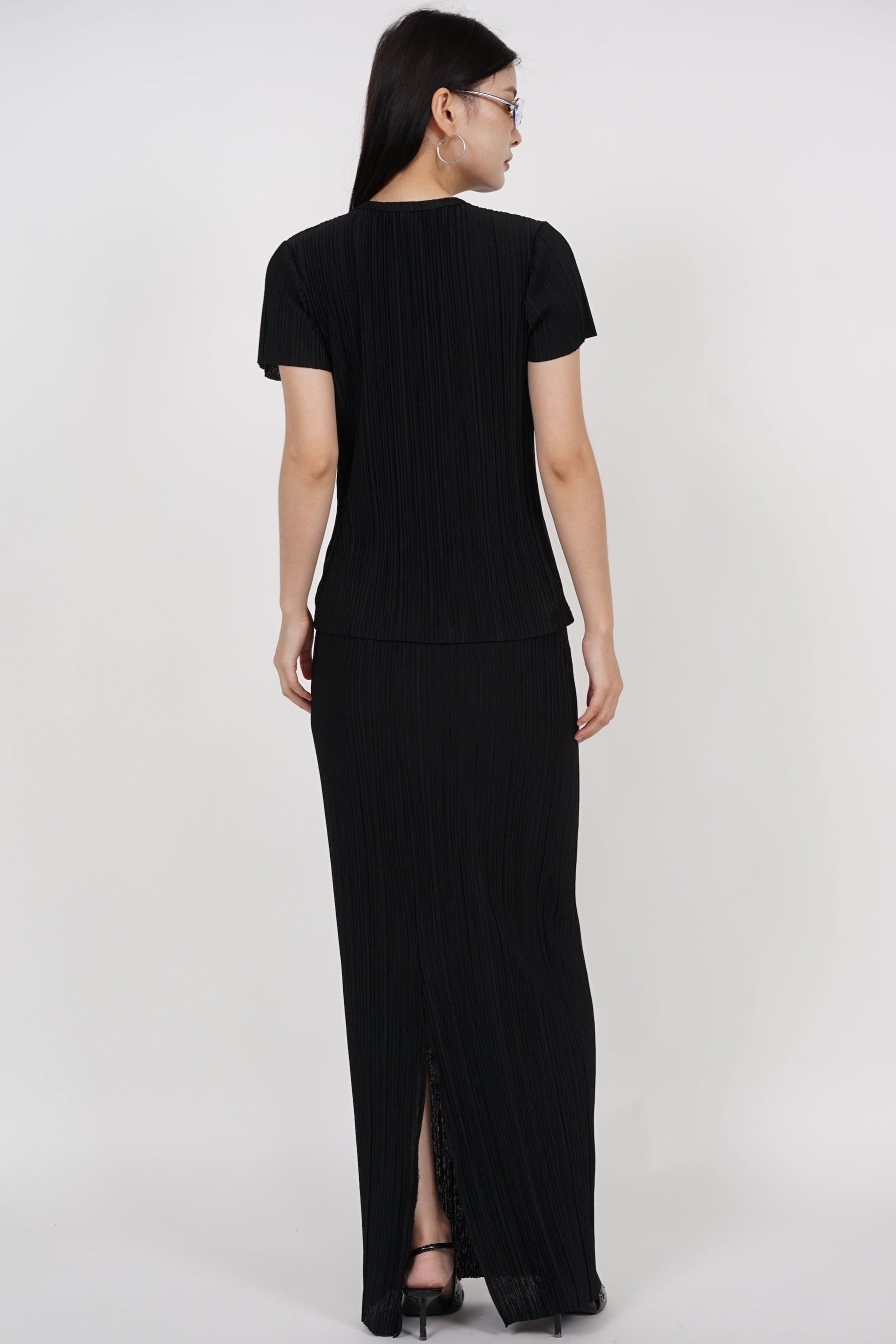 Plisse Button Pleated Top in Black